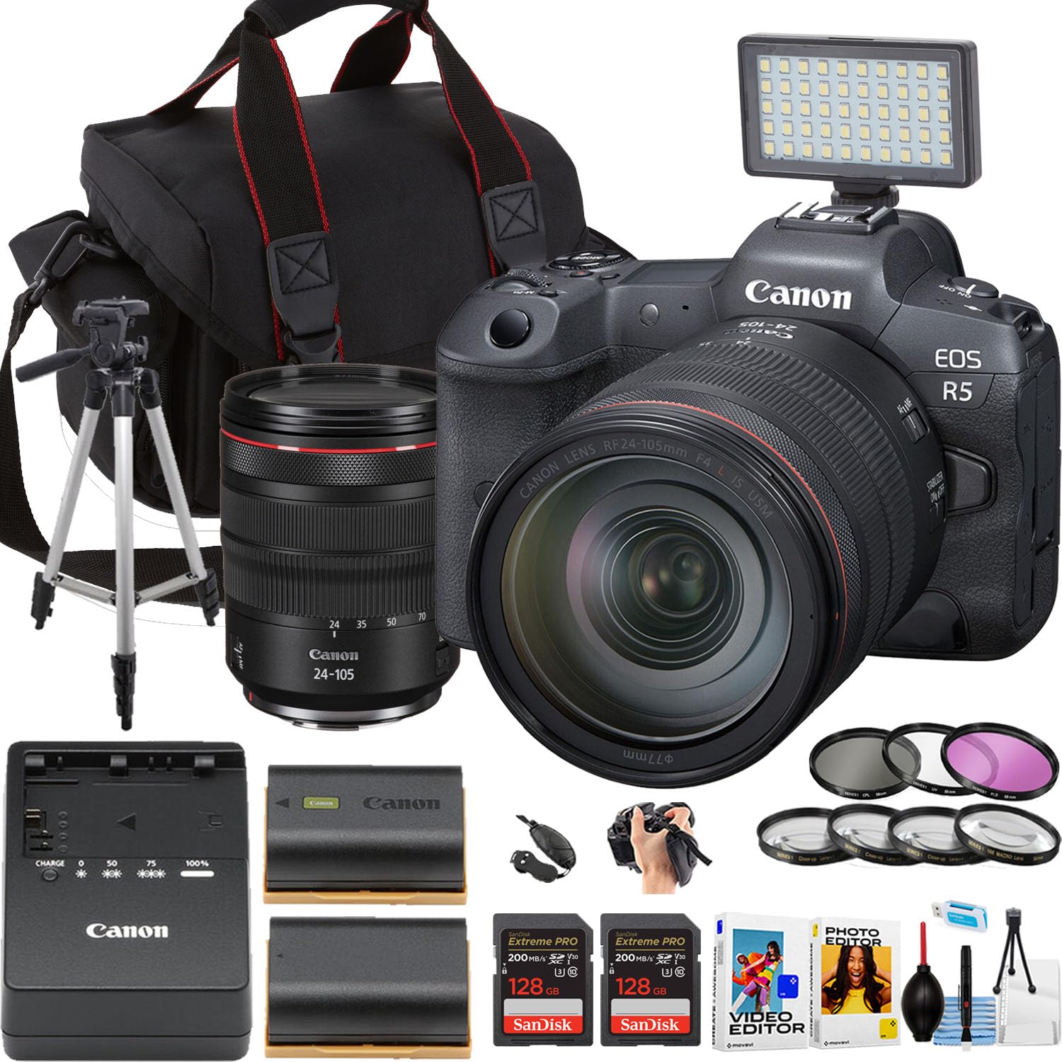 Canon EOS R5 Mirrorless Camera w/24-105mm USM Lens + 2pc Sandisk 128GB Extreme Memory Card + Camera Case + More (18pc Bundle) (Renewed)