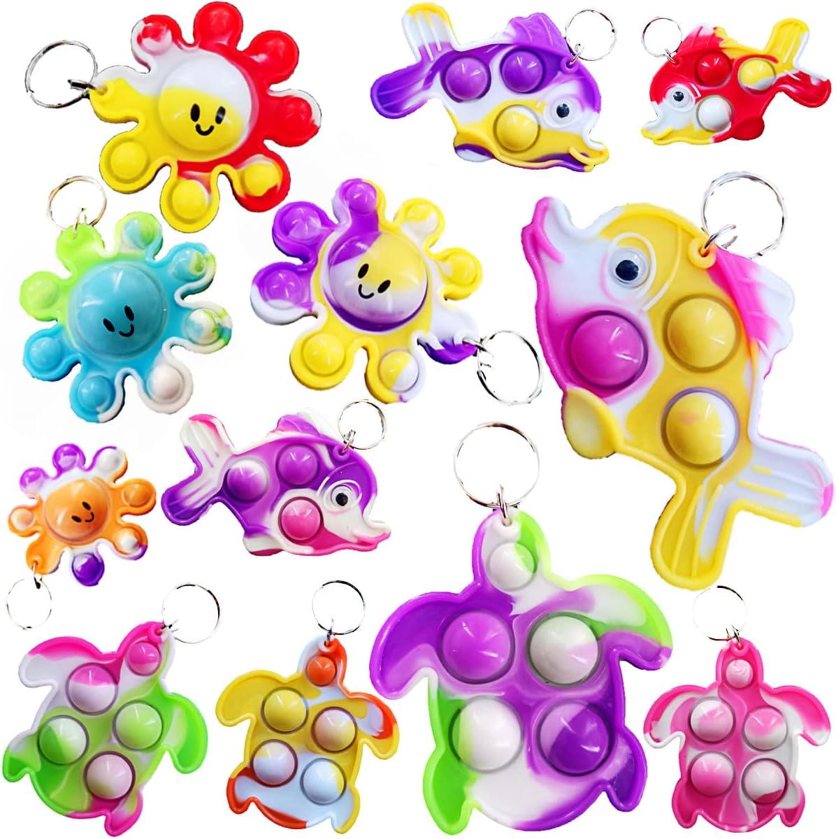 12 Packs Bulk Octopus fishs turtles Mini pop Keychain, for Boys and Girls Kids Birthday Party Favors Supplies Summer Students Gifts Prize