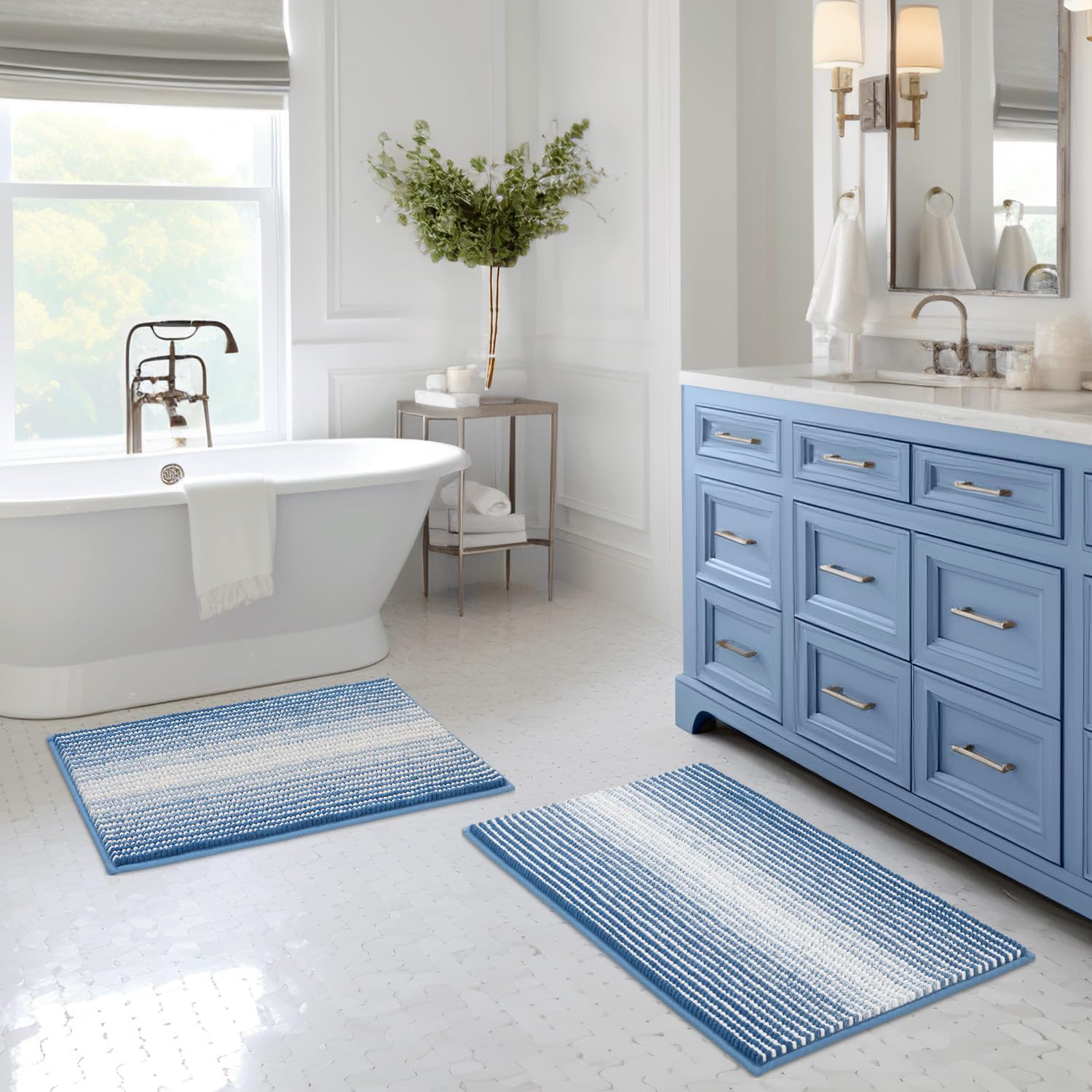 BSICPRO Bathroom Rugs and Mats Sets, 2 Piece Thick Absorbent Chenille Bath Mat Rug Set Non Slip, Soft Shaggy Bath Room Floor Mats for Bathroom, Machine Washable (Sky Blue, 20" x 32" Plus 16" x 24") 20" x 32" Plus 16" x 24" Sky Blue