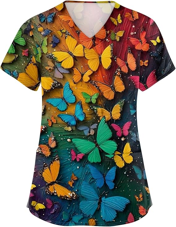 OIOLOYJM Printed Scrub Tops Women V Neck Short Sleeve Plus Size Scrubs for Womens Nursing Uniforms Shirts with Pockets