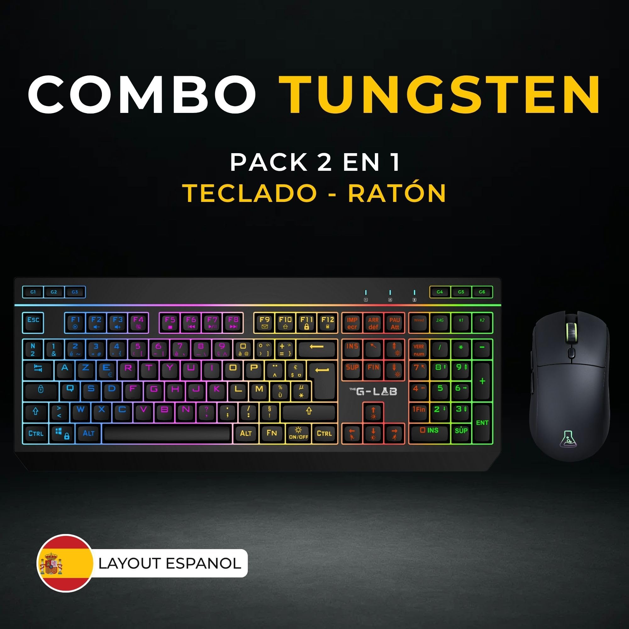 The G-Lab Combo Tungsten EX bezprzewodowa klawiatura do gier i myszka, potrójna łączność 2,4 GHz/BT/kablowa, bezprzewodowa klawiatura QWERTY, RGB & Macro, mysz 6400 dpi, PC/PS4/PS5