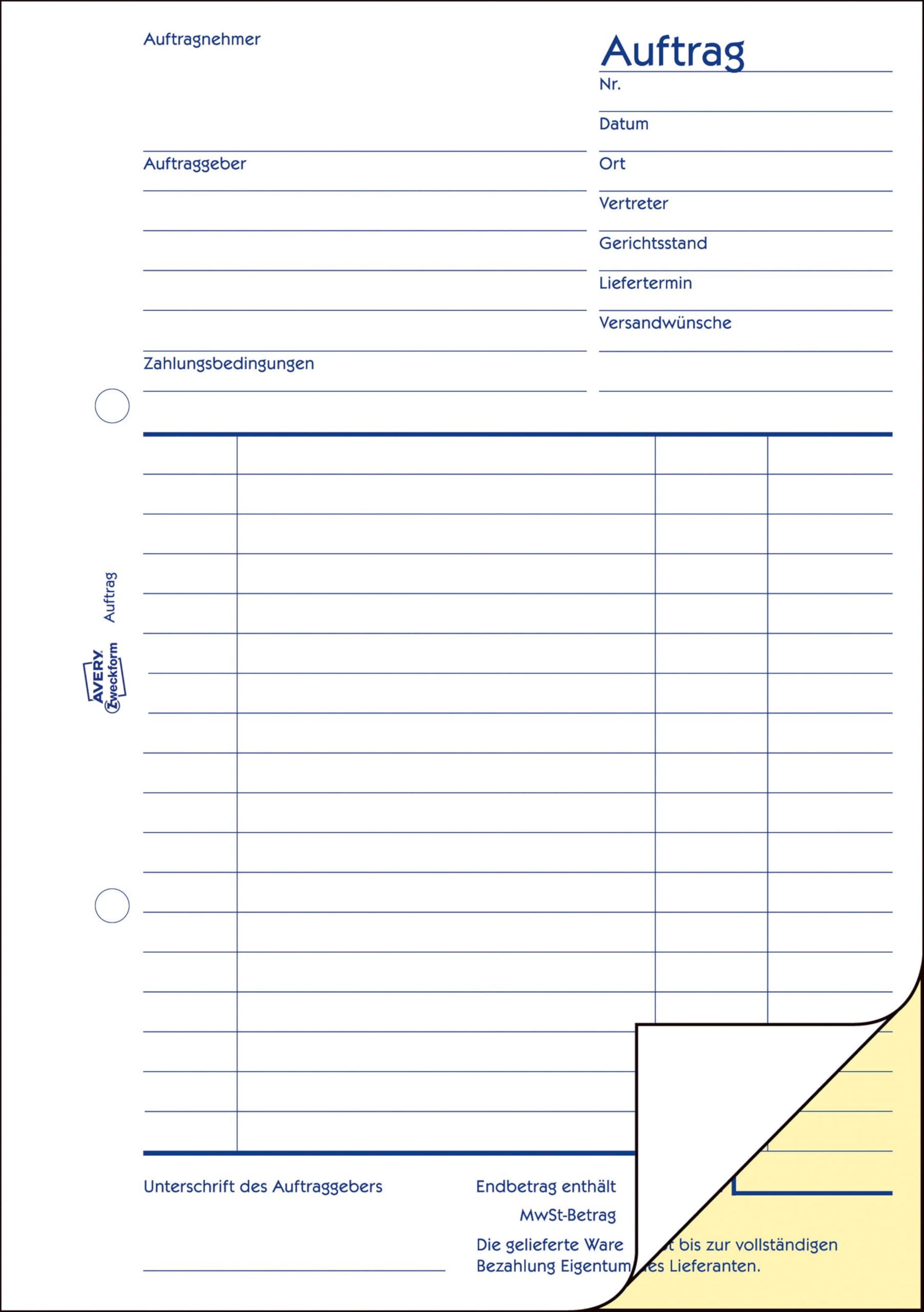 AVERY Zweckform 1725-5 Auftrag (A5, 2x40 Blatt, selbstdurchschreibend mit farbigem Durchschlag, zur systematischen Erfassung aller relevanten Auftragspositionen) 5er Pack, weiß/gelb