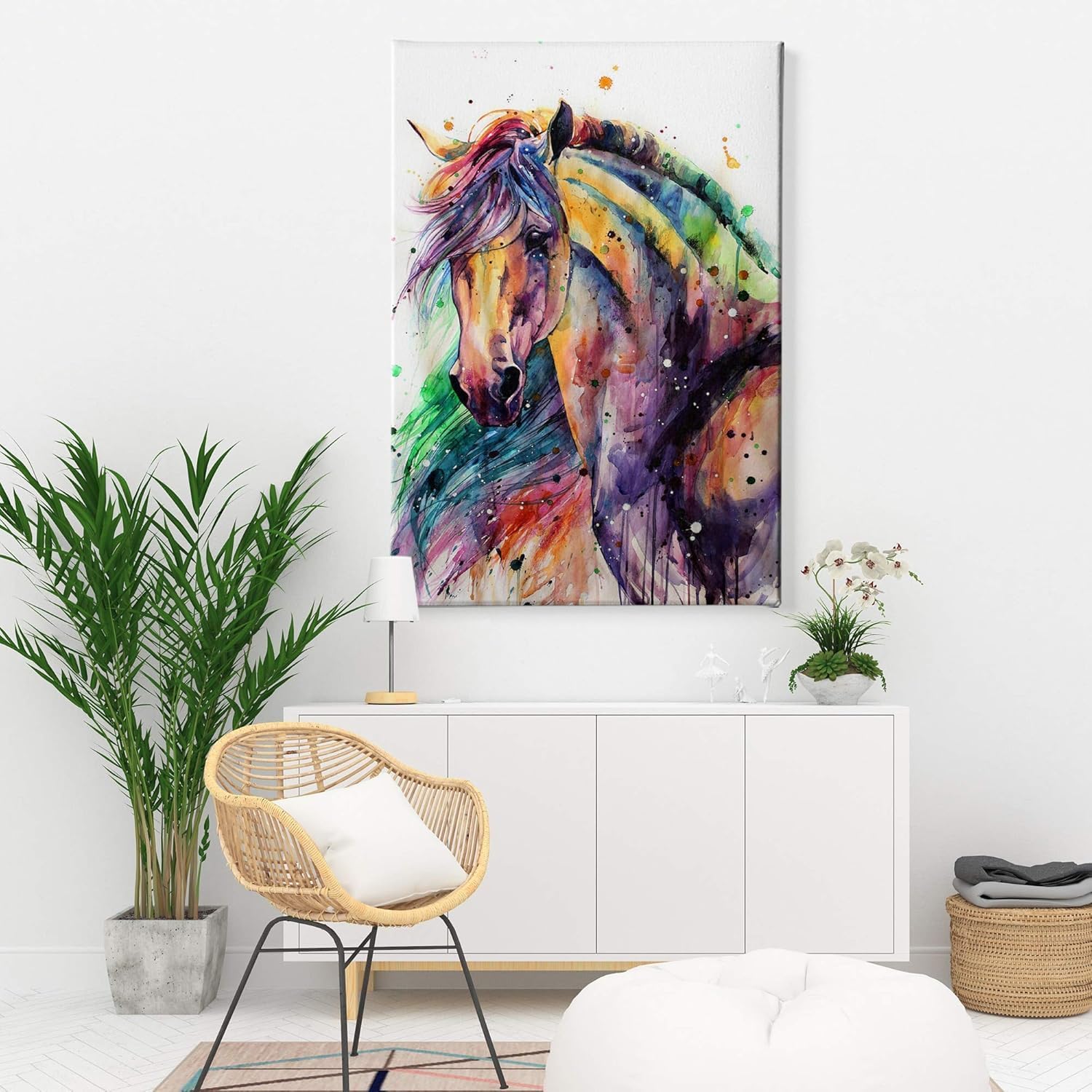 Horse Watercolor Painting Rainbow Canvas Art Wall Art Home Decor (18L" x 12W")