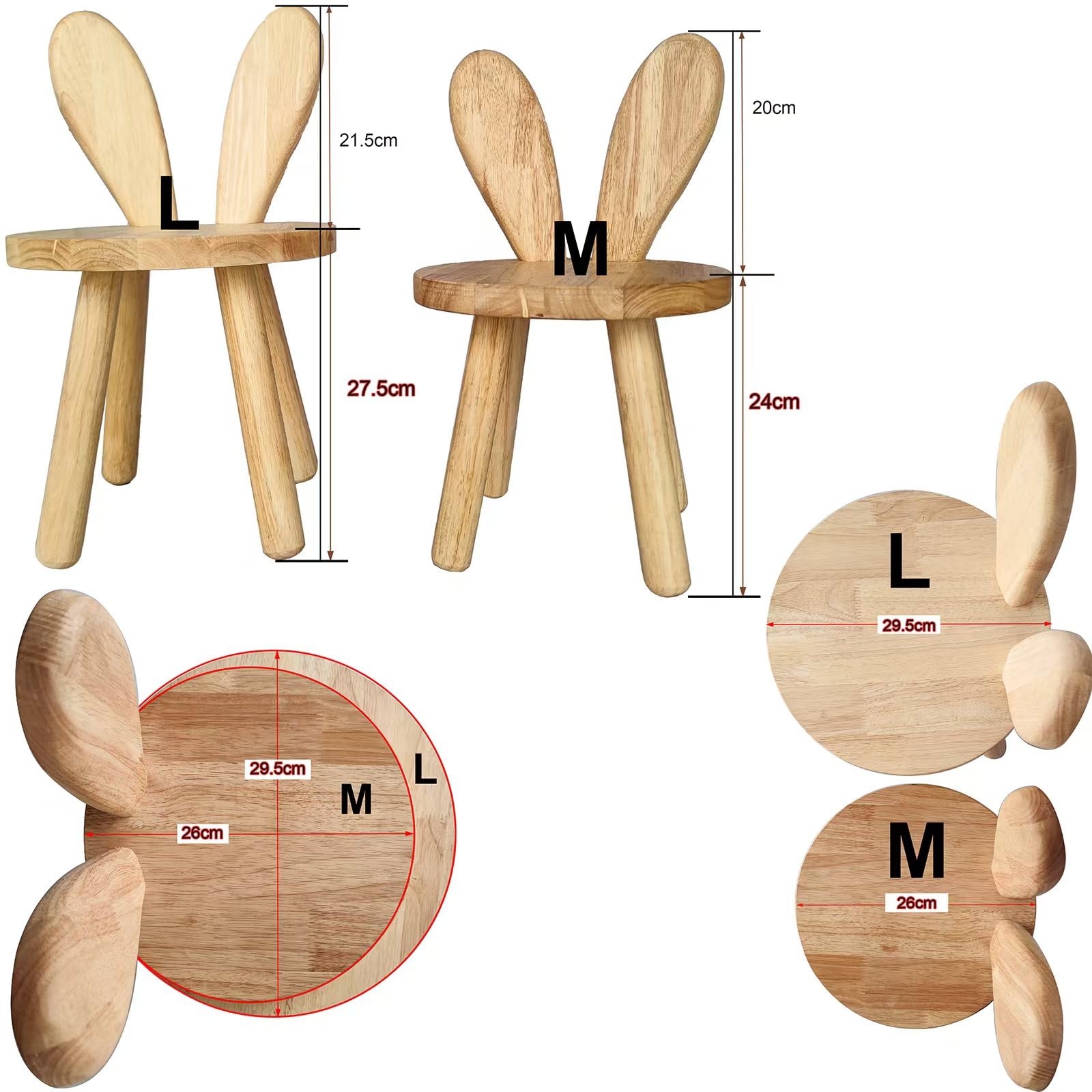 Yier Mei Solid Wood Stand Stool Customized Rabbit Ears Shaped Backrest Kids Small Chair,Round Wooden Childs Furniture for Eating Reading and Playing(L - Image 3