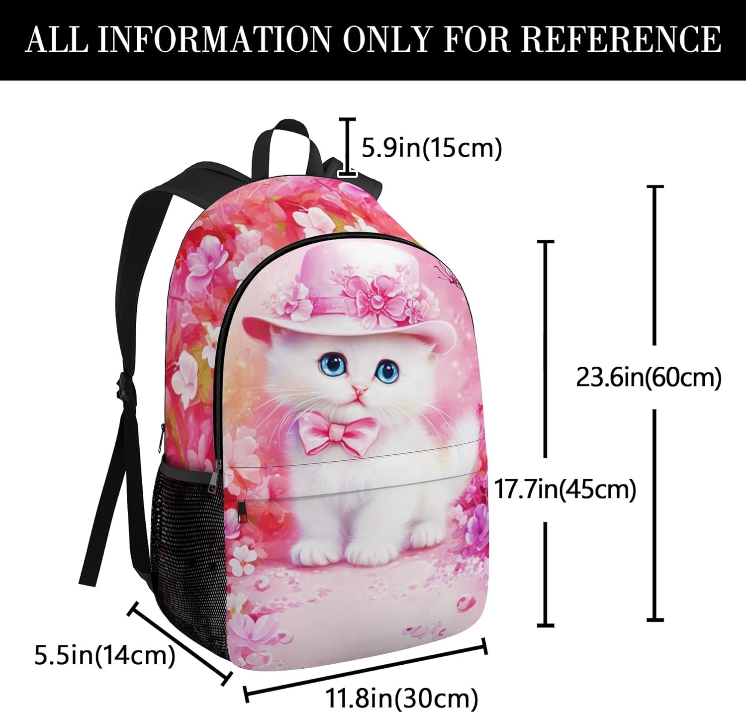 Personalized School Backpack for Girls 17" Custom White Cat Backpack Toddler Adjustable Shoulders Bookbag with Side Pocket Name Customized Daypack Schoolbag Water Bottle Lunch Bag Available
