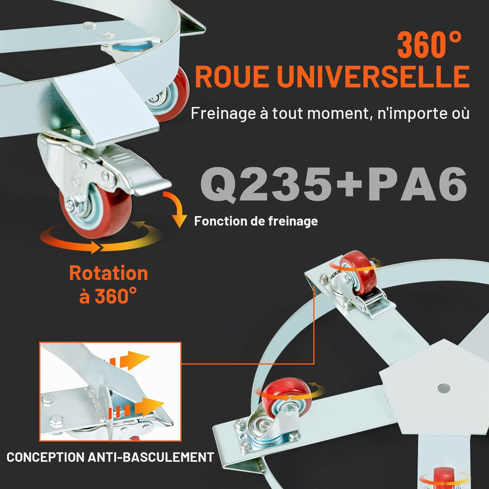 VEVOR Porte-Fût 250 L Chariot à Baril Capacité de Charge 567 kg Plateau Roulant avec 5 Roulettes Pivotantes Cadre Acier Socle Rouleur Outil pour Manutention Fûts Tambours Bidons Huile Entrepôts Usines