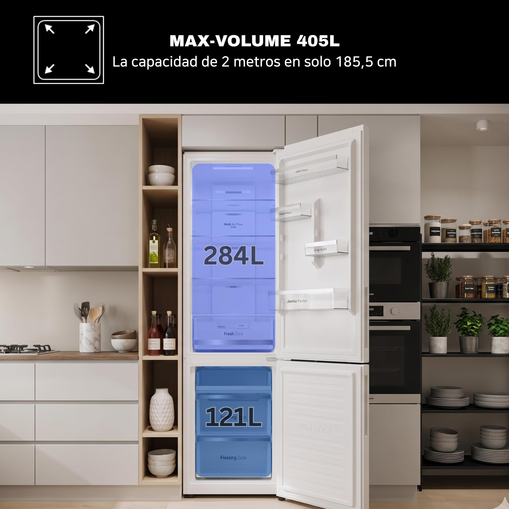 VOK Frigorífico Combinado No Frost 405L en 185.5cm - Compresor Inverter Silencioso 37dB, MaxVolume, Zona 0°C, Multi Air Flow, Clase E, Blanco, EVR-405NEW