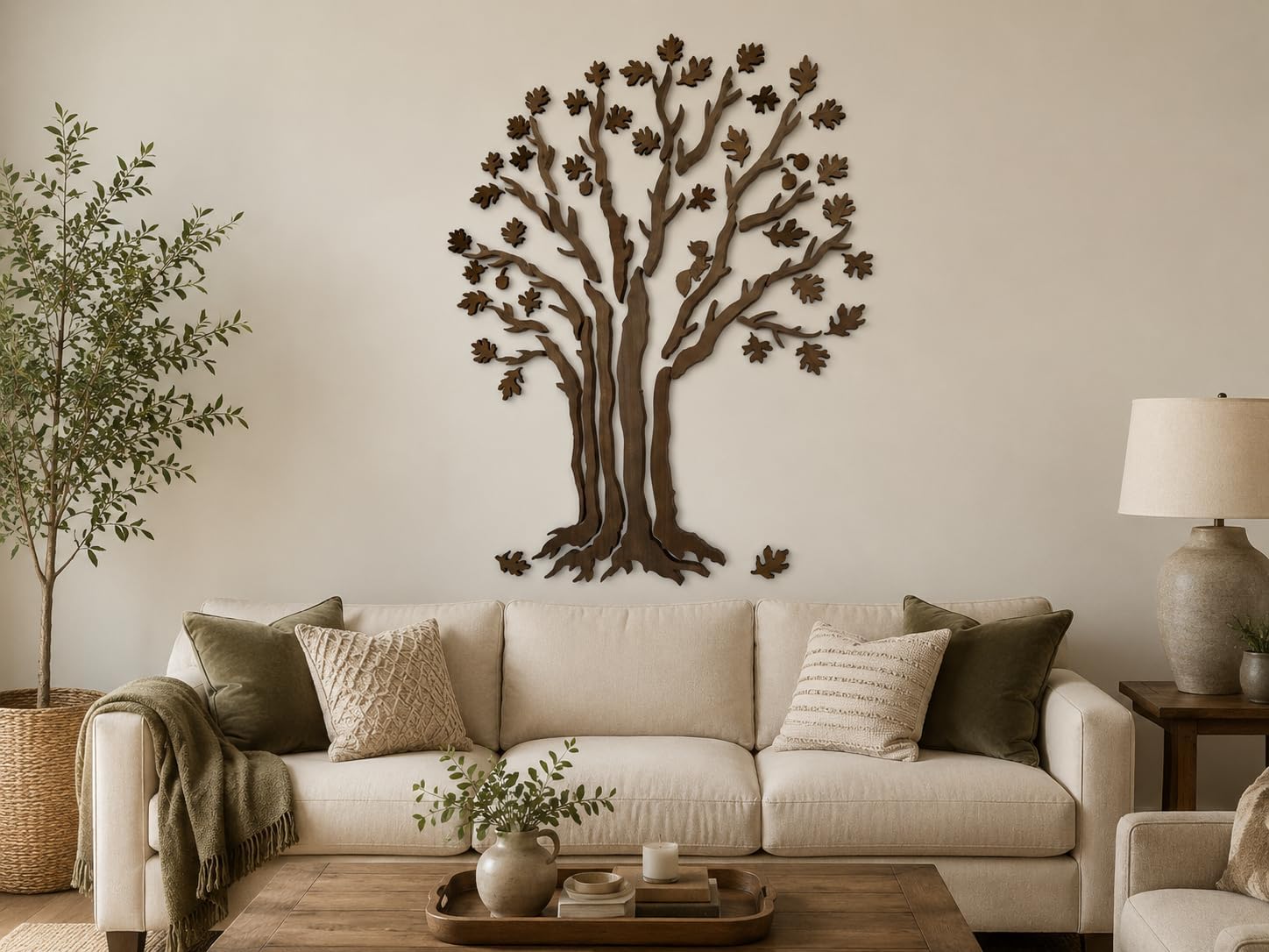 Nature-Inspired White Oak Tree Wall Art, Bronze, 39 x 59 | Rustic Forest Decor, Squirrel & Acorns, Handcrafted Wooden Silhouette, Farmhouse/Cabin, 39 x 59