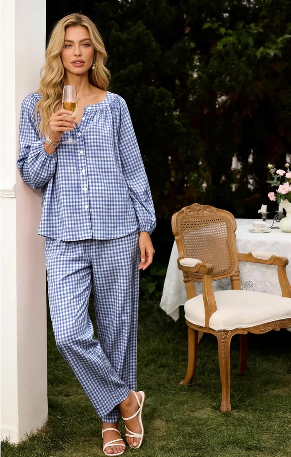 Flygo Womens Gingham Pajama Set 2 Piece Cotton Plaid Raglan Sleeve Button Top Straight Leg Pants Pjs Y2K Lounge Set Sleepwear