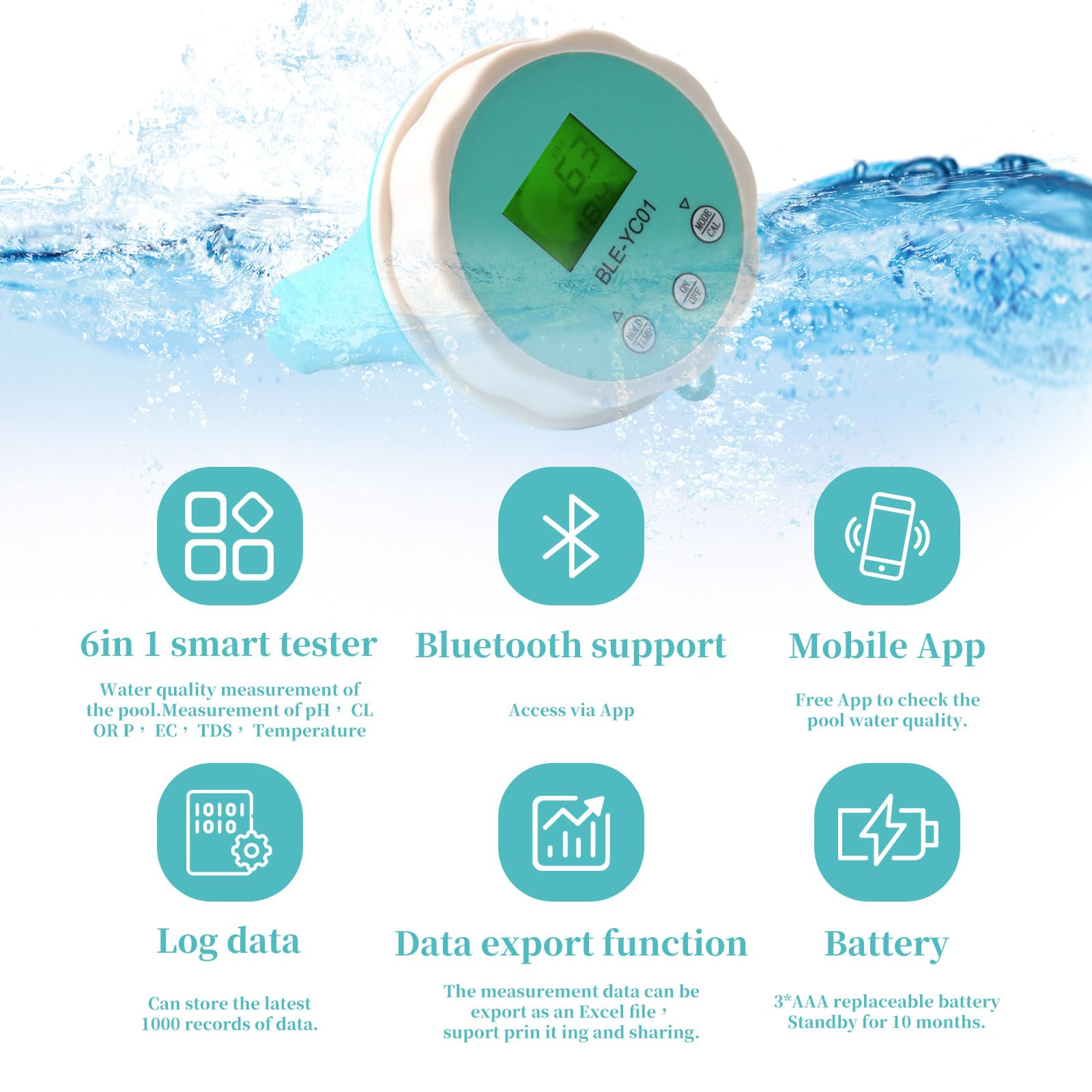 Termometr basen Bluetooth, termometr, bezprzewodowy basen, monitorowanie jakości wody w basenie PH/EC/TDS/ORP/czujnik pozostałego basenu, sterowanie aplikacją, alarm powiadomienia