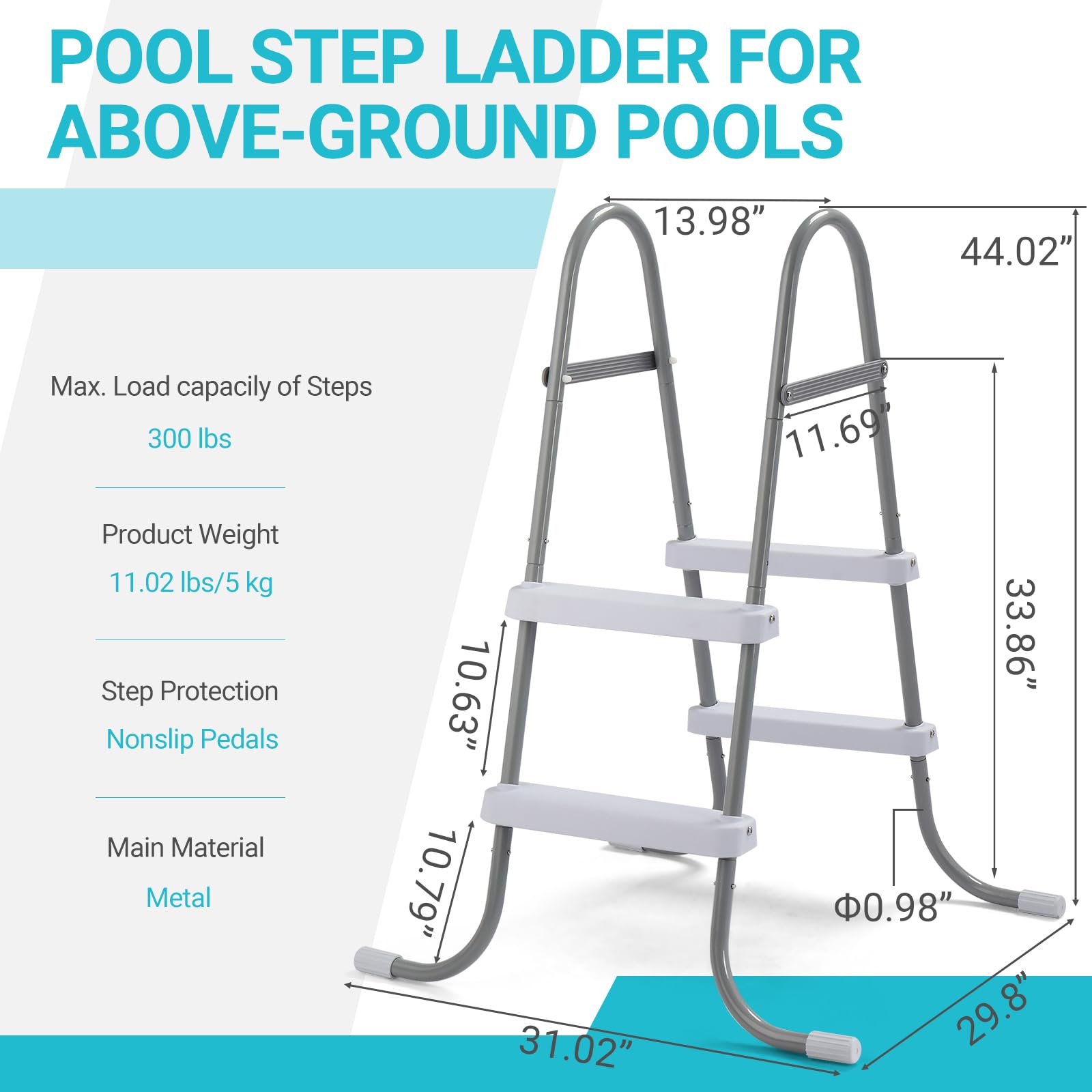 BONNLO Échelle de Piscine 2 Marches Anti-Dérapantes 83 cm Acier, Escalier de Piscine en Métal, Blancs, 80×83×86cm, Adaptée aux Piscines Hors Sol et Creusées, Gris
