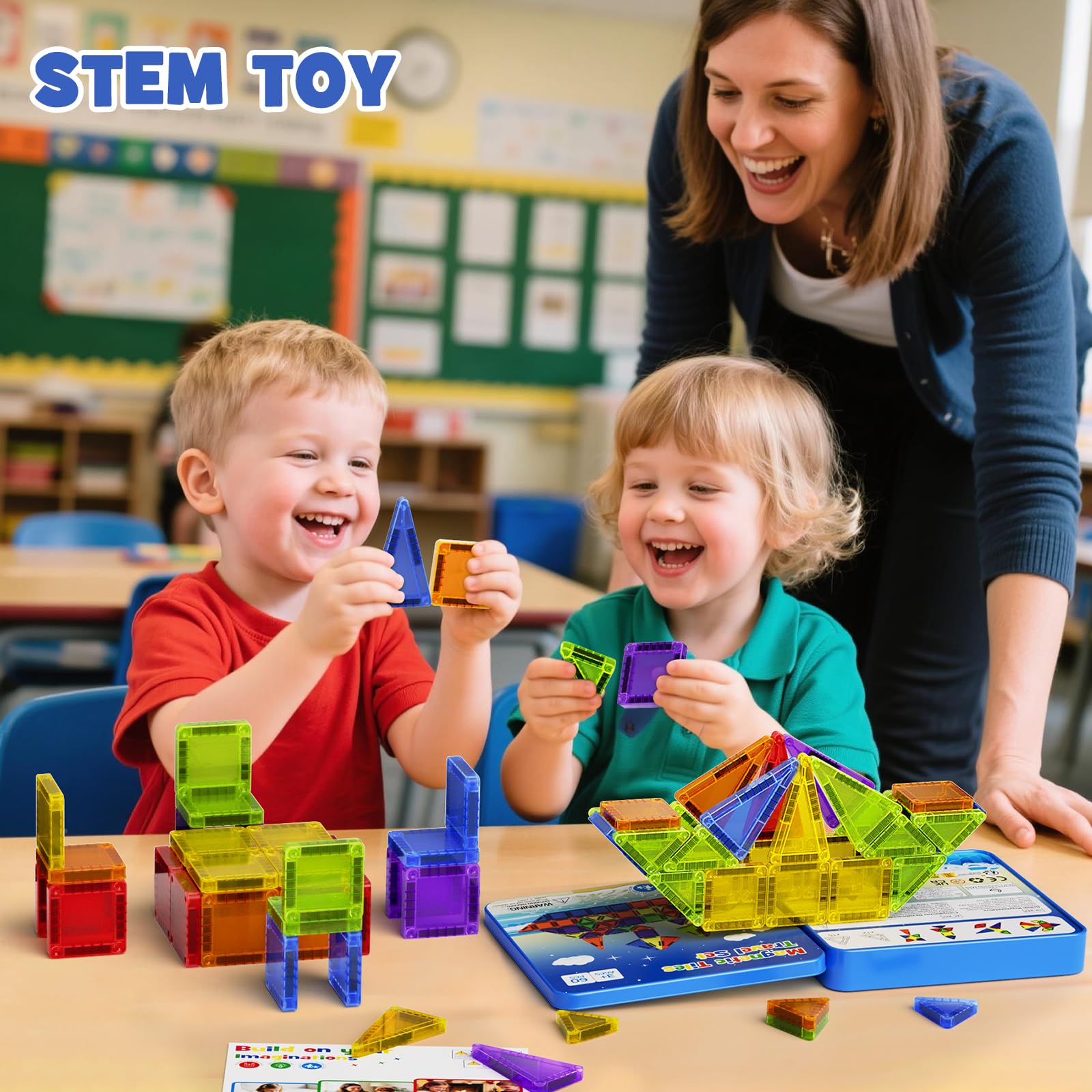 YOGOHEE 60 pezzi di tessere magnetiche per bambini, mattoncini magnetici con scatola di ferro portatile, giocattoli educativi STEM giocattoli per bambini e bambine(Blu)