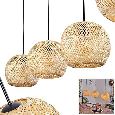 hofstein Hanglamp Bauro, hanglamp van metaal/glas in zwart/bruin, lamp 3 lampen in vintage/retro design met kap van bamboe (Ø 25 cm), hoogte max. 146 cm, 3 x E27, zonder lamp