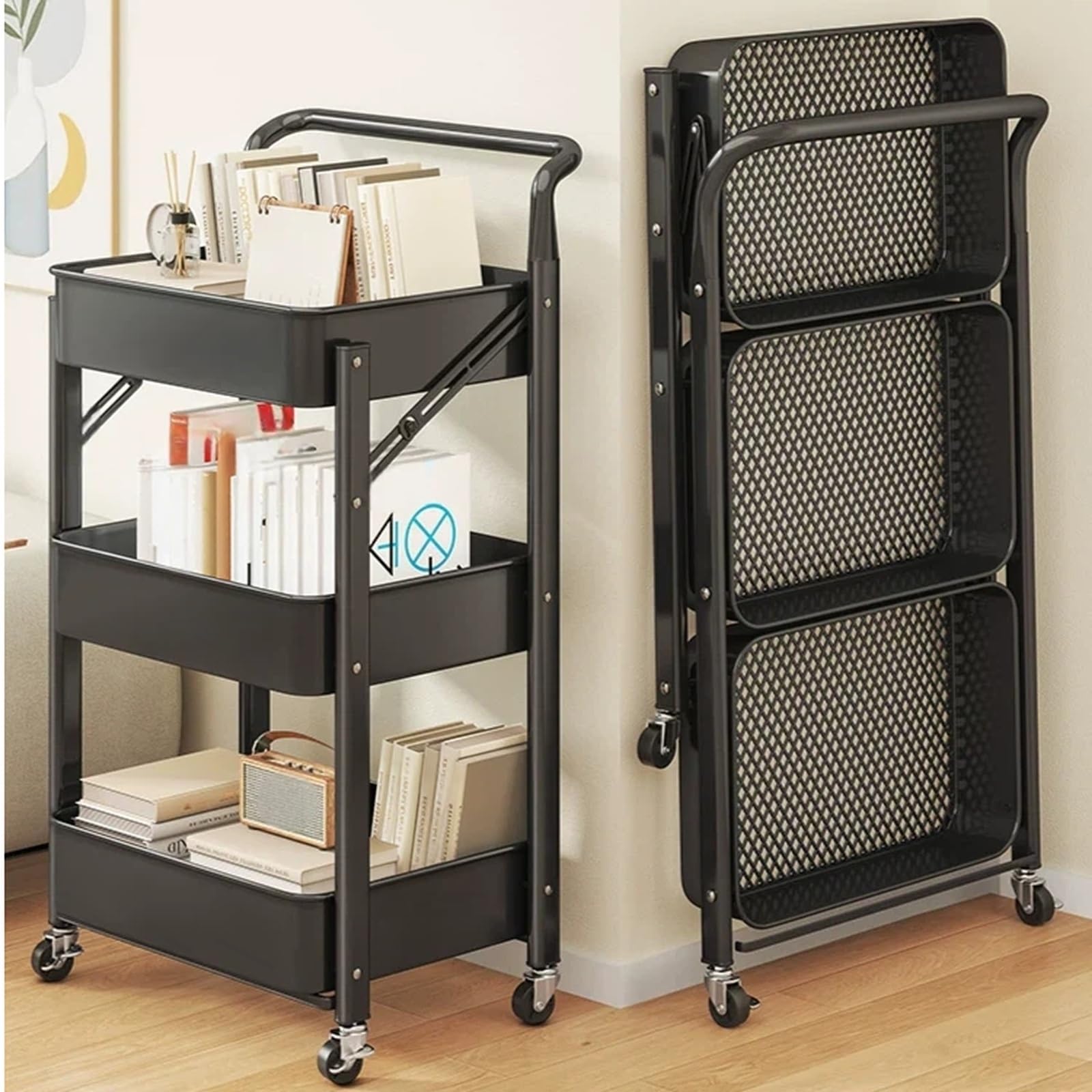 Carro utilitario Plegable de 3 Niveles, Estante Almacenamiento móvil, Organizador for Varias Habitaciones Carro Utilitario(Negro)