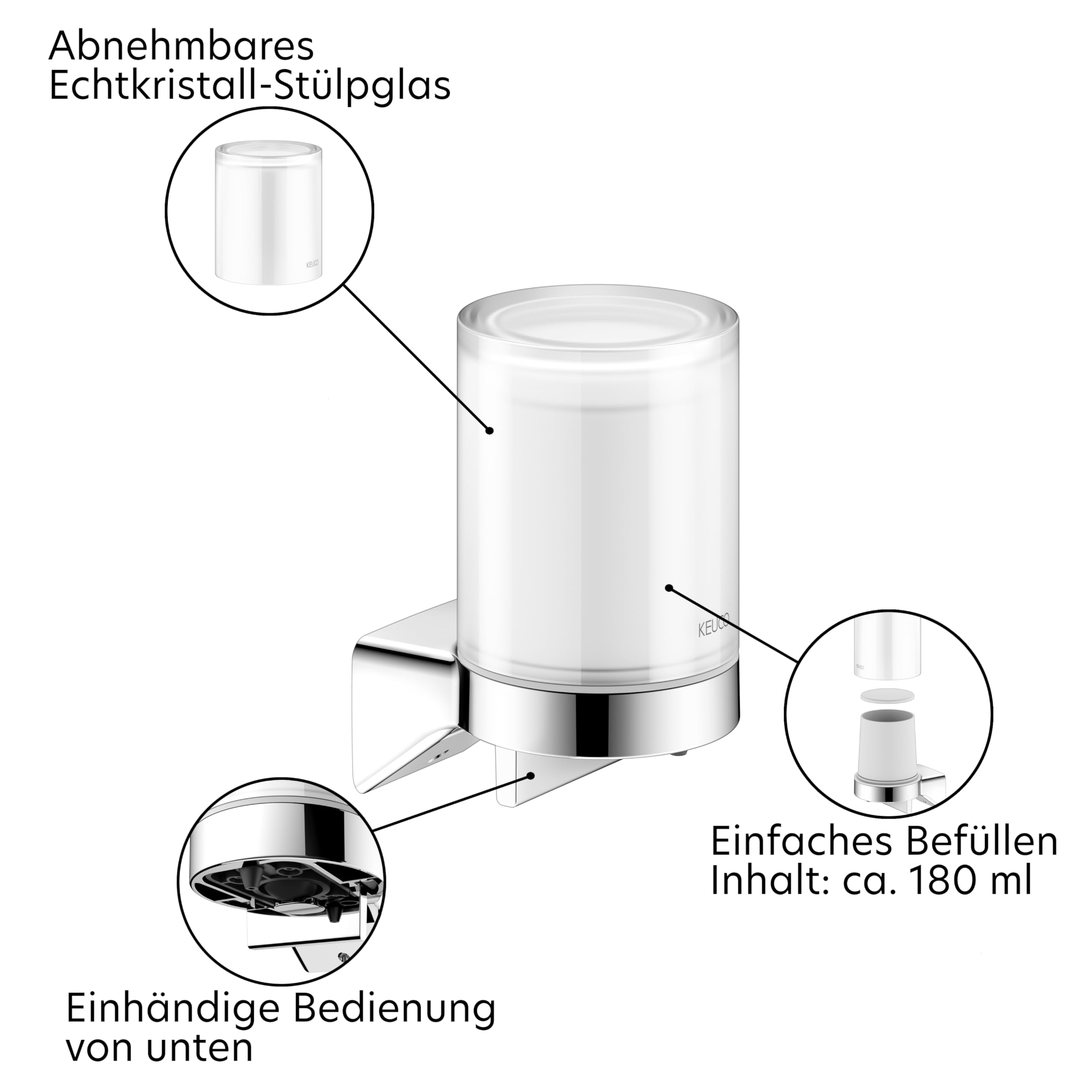 KEUCO Rose Seifenspender mit Stülpglas, 180 ml, ohne Bohren, verchromt | Made in Germany, nachfüllbar, inkl. Klebeset und Schraubset, Lotionspender zum Kleben oder Schrauben