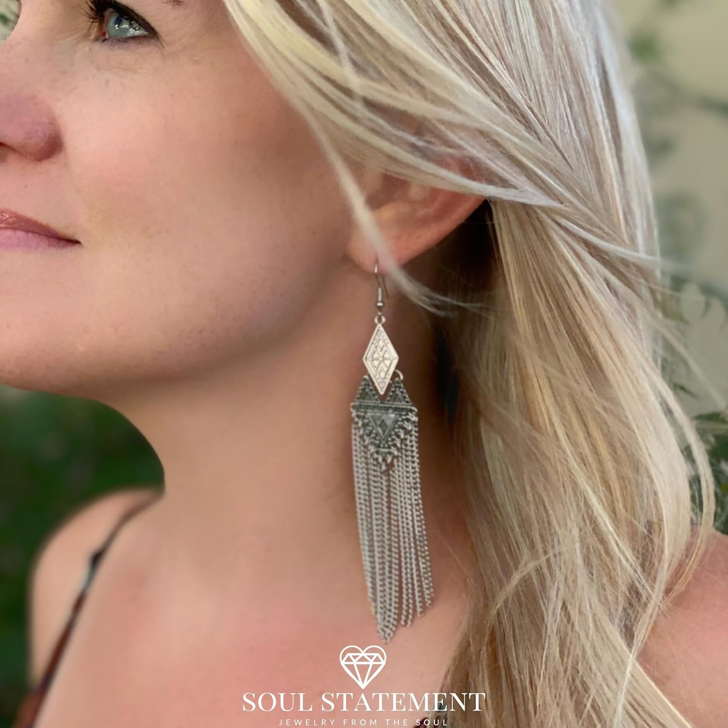 Western Jewelry for Women: Nashville Boho Earrings, Teal Copper & Long Bronze Tassel Chains, Country Concert and Festival Accessories - Image 3