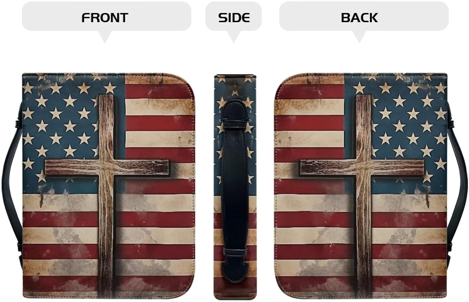 Poceacles Faith Bible Cover Cross Bible Cover for Men Women, USA Flag Leather Bible Case with Handle Pen Storage and Zippered Pocket, Waterproof Bible Bags and Totes, 2XL