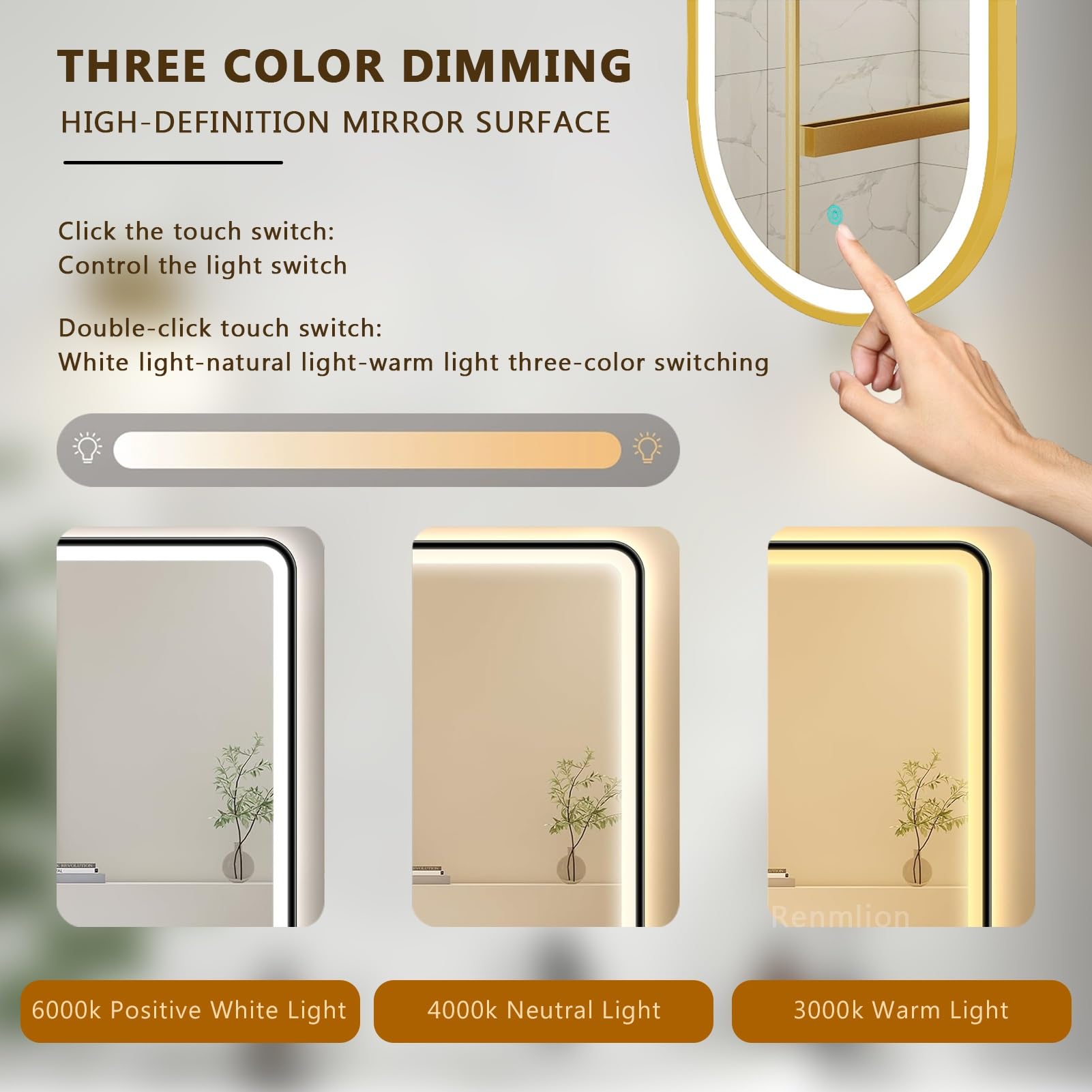 d Ovale Specchio da bagno Vani Specchio da parete con luci dimmerabili in 3 colori in metallo e specchio da trucco galleggiante (50 cm x 70 cm) perfetto per decorazioni moderne