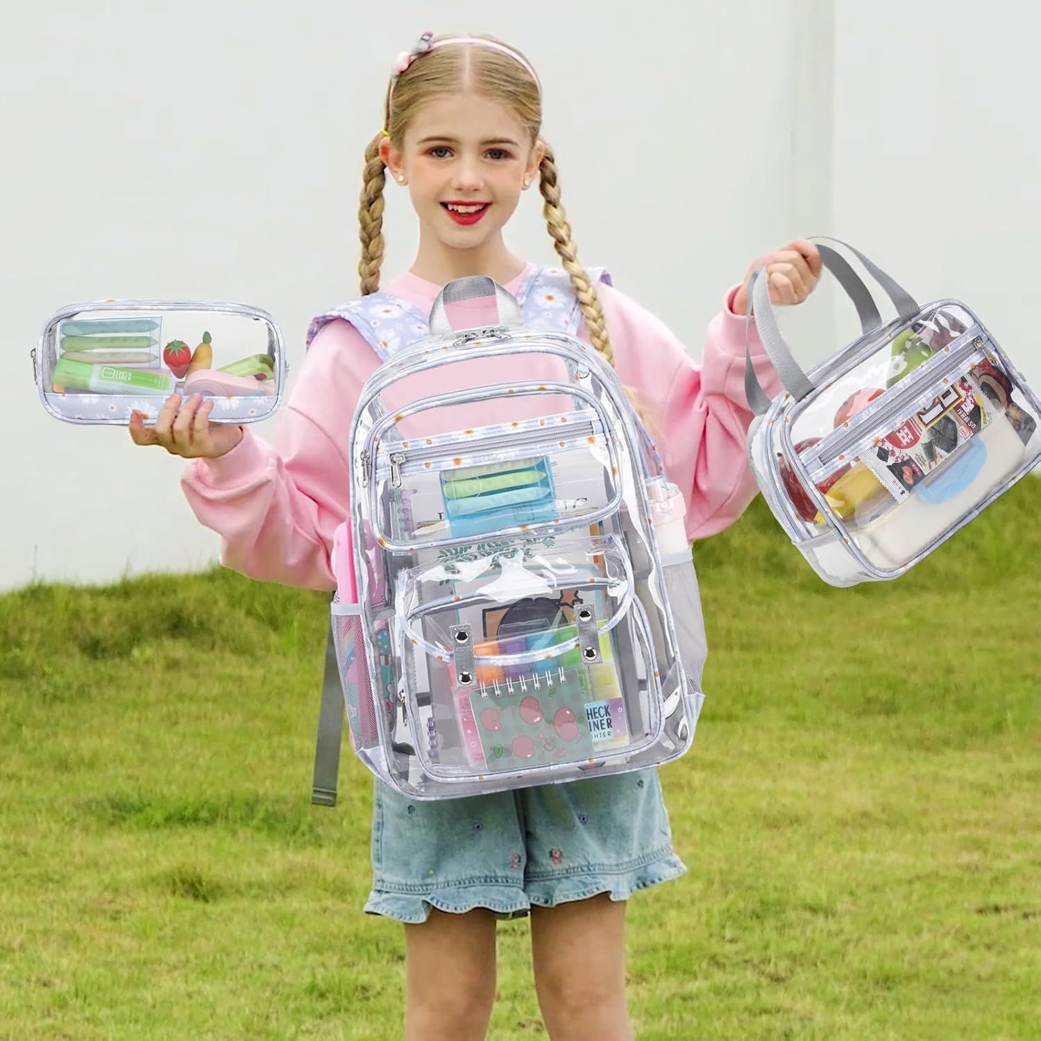 Clear Backpack for Girls - 3 Pcs Clear Backpack Heavy Duty with Lunch Bag - See Through Bookbag Stadium Approved for Kids Middle High College School Sport Travel (Gray Daisy) - Image 6