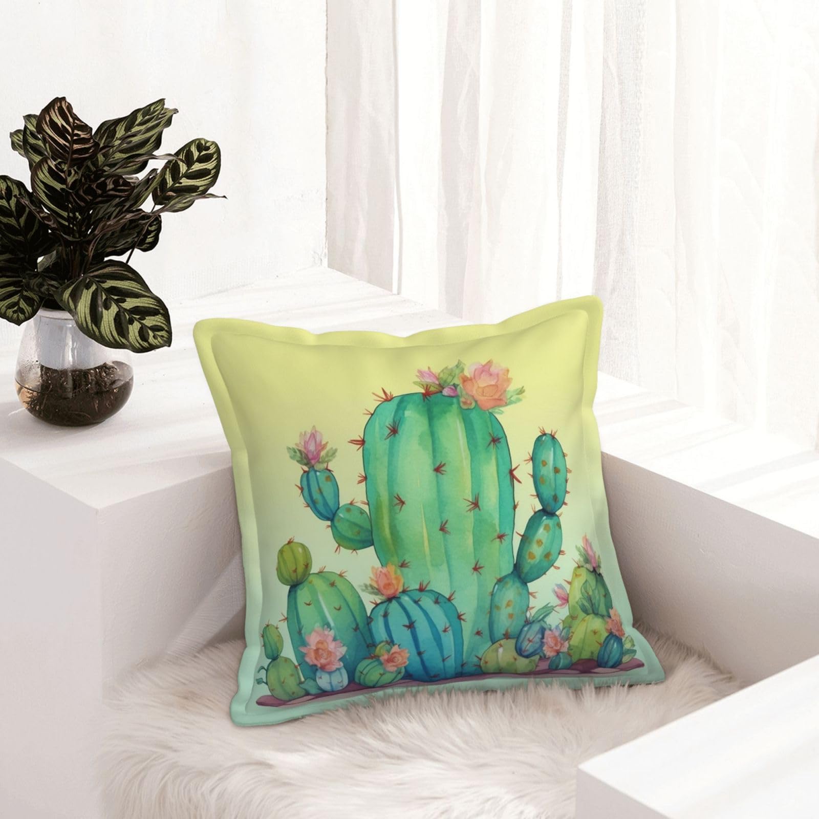Décoration rustique de salon avec le lot de 2 housses de coussin motif cactus en similicuir