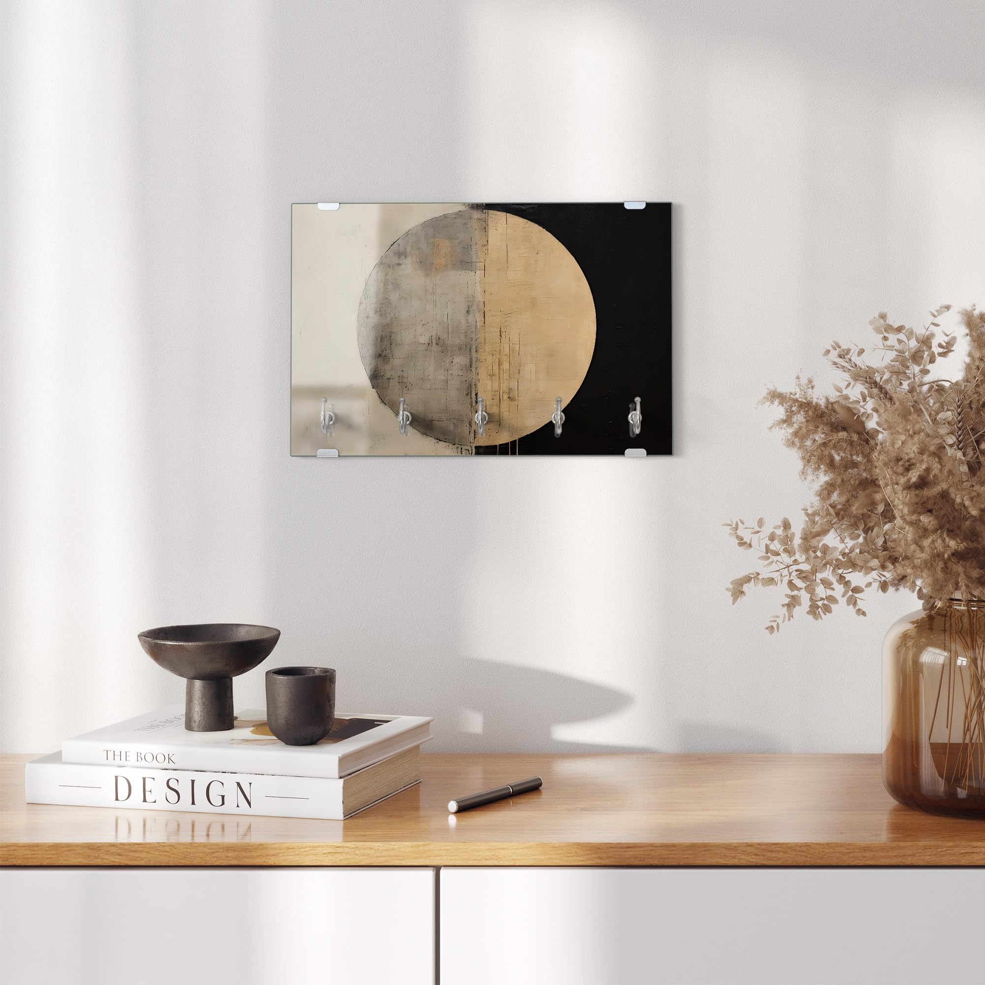 DEQORI Tablica na klucze ze szkła | motyw koła przeciwieństw | ok. 30 x 20 cm | z 5 haczykami, magnetyczna – nowoczesne przechowywanie kluczy i uchwyt na klucze do korytarza, biura, kluczy i breloków