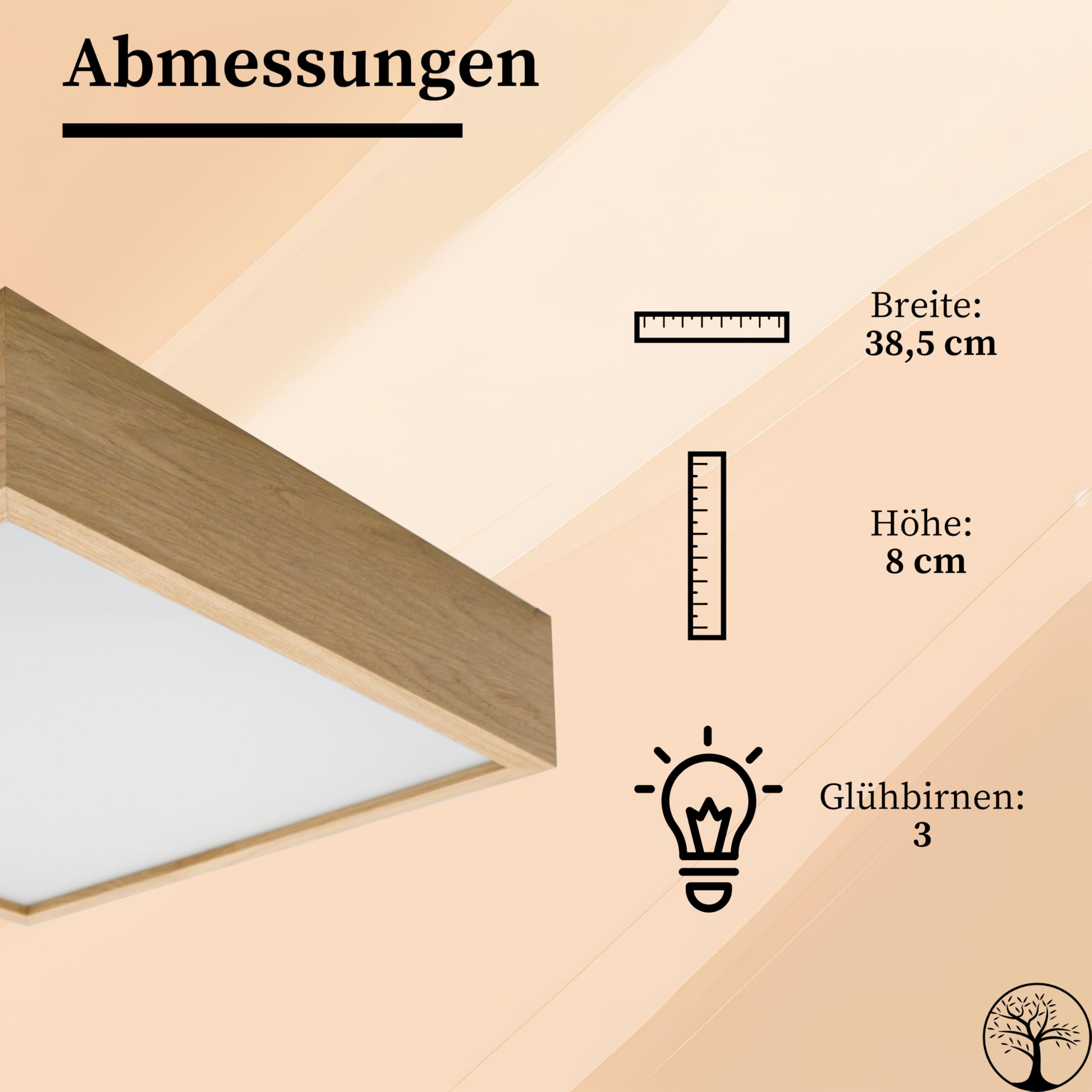 LEJA – Quadrat Deckenleuchte aus Holz & Glas, E27 Fassung, für Wohnzimmer, Küche, Bad, Schlafzimmer & mehr (Eiche, 38,5)