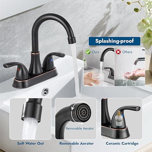 Miniatura 7 de Cinwiny Grifo de lavabo de baño de 4 pulgadas, grifo mezclador de lavabo de doble agujero, boquilla giratoria de dos manijas, montaje en cubierta de