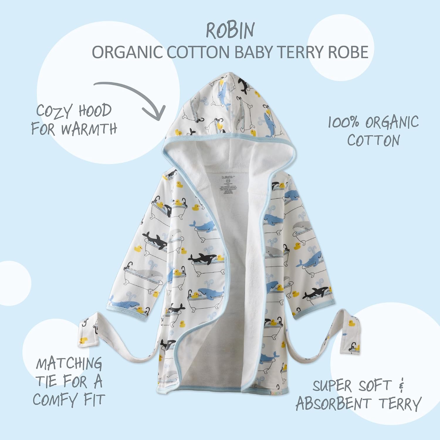 Butterblu Robin 100% Cotton Baby Terry Bath Robe Soft & Absorbent