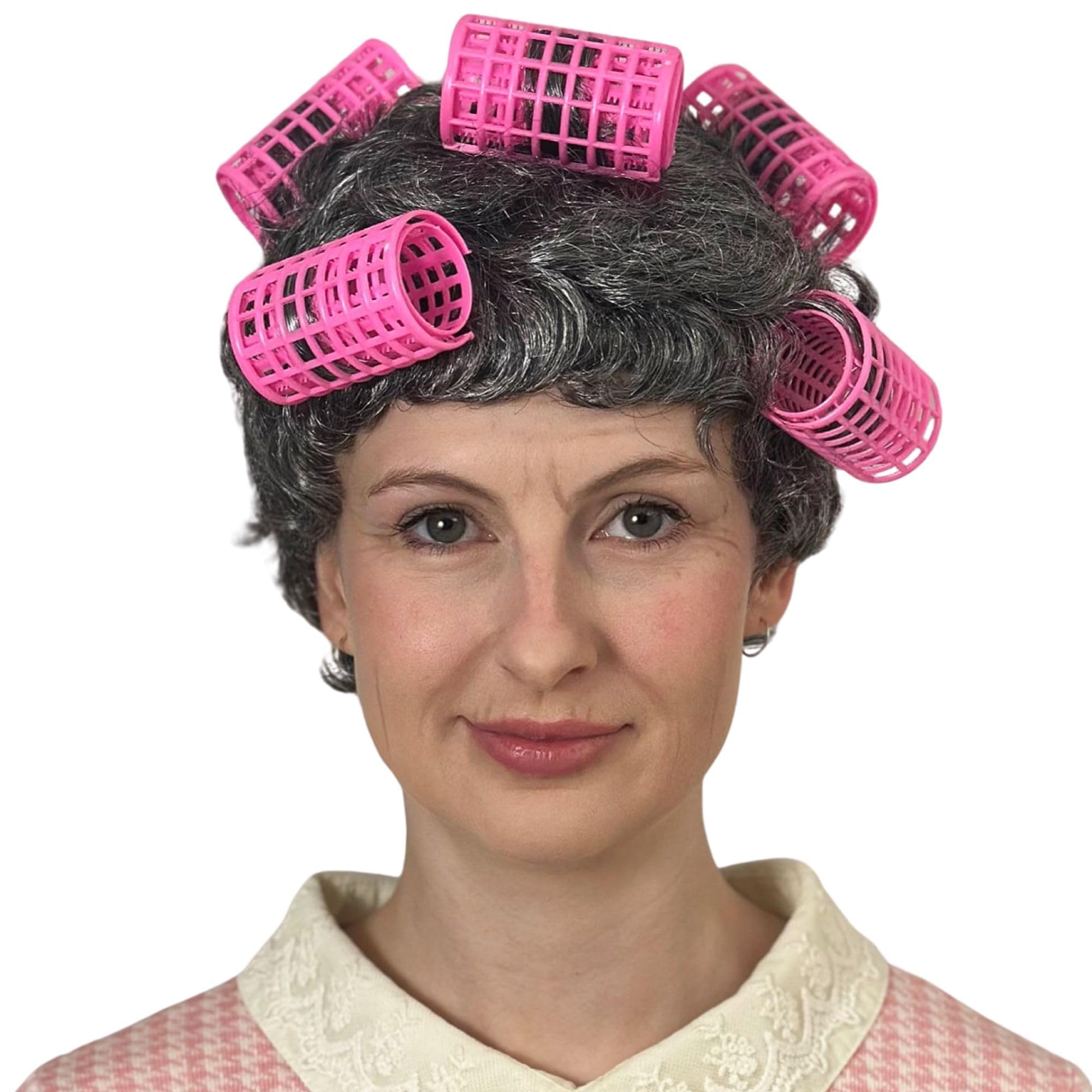 ALLAURA Retro Grey Housewife Wig with Curlers, Adult Old Lady Costume Hairpiece, MatteSilk Synthetic Fiber