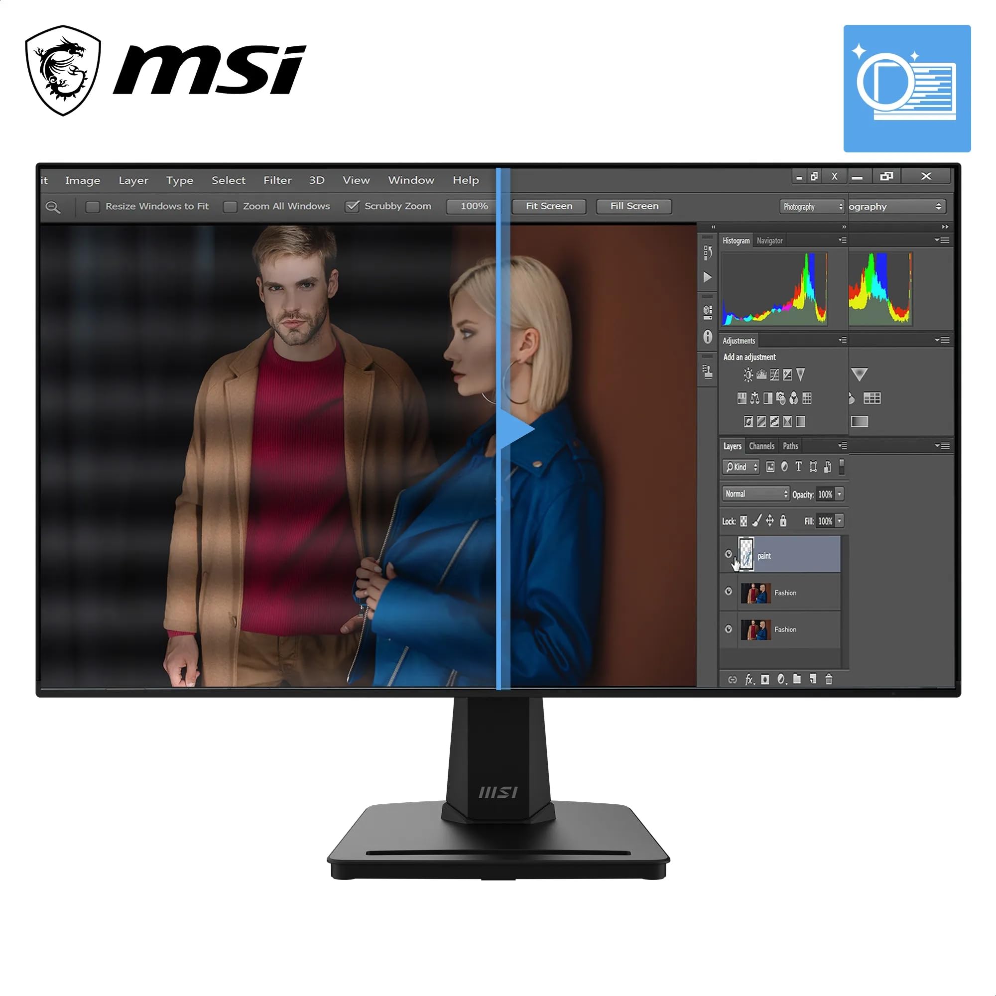 MSI Pro MP251A E14L Écran Professionnel 24.5" FHD | Dalle IPS 1920x1080, 144 Hz, 1ms, compatible VESA, HDMI, Adaptive-Sync