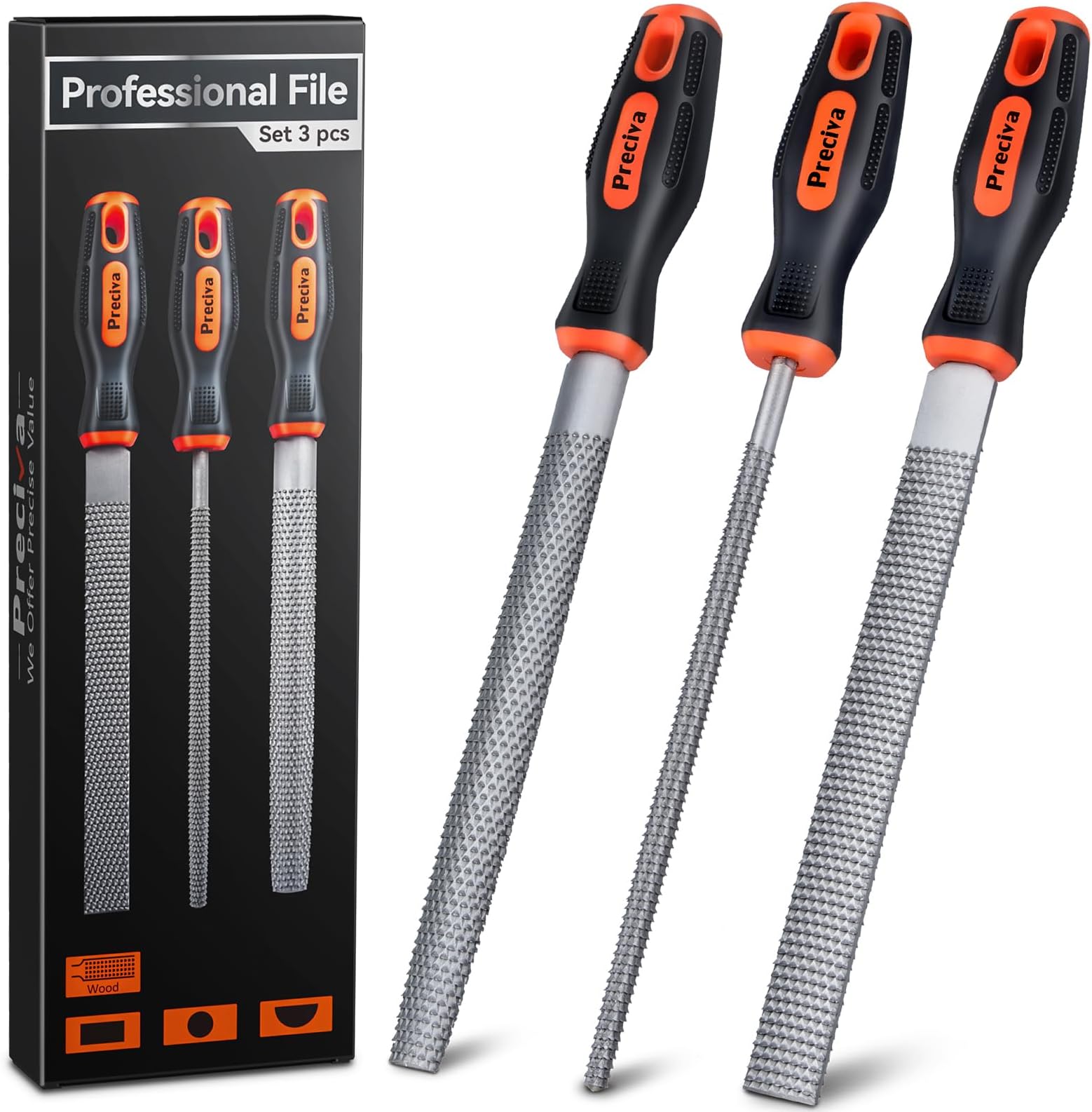 Preciva 3PCS Files Set, Wood Rasps High Carbon Steel File Set includes Flat File, Round File & Half Round File Used for Wood Manual Cutting and Polishing