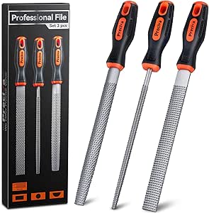 Preciva 3PCS Files Set, Wood Rasps High Carbon Steel File Set includes Flat File, Round File & Half Round File Used for Wood Manual Cutting and Polishing