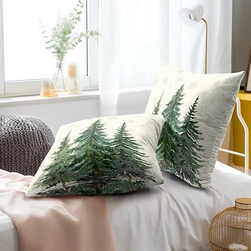 Miniatura 8 de Juego de 2 fundas de almohada de bosque de pinos de 22 x 22 pulgadas, color verde nieve, cedro y abeto beige, fundas decorativas de invierno para