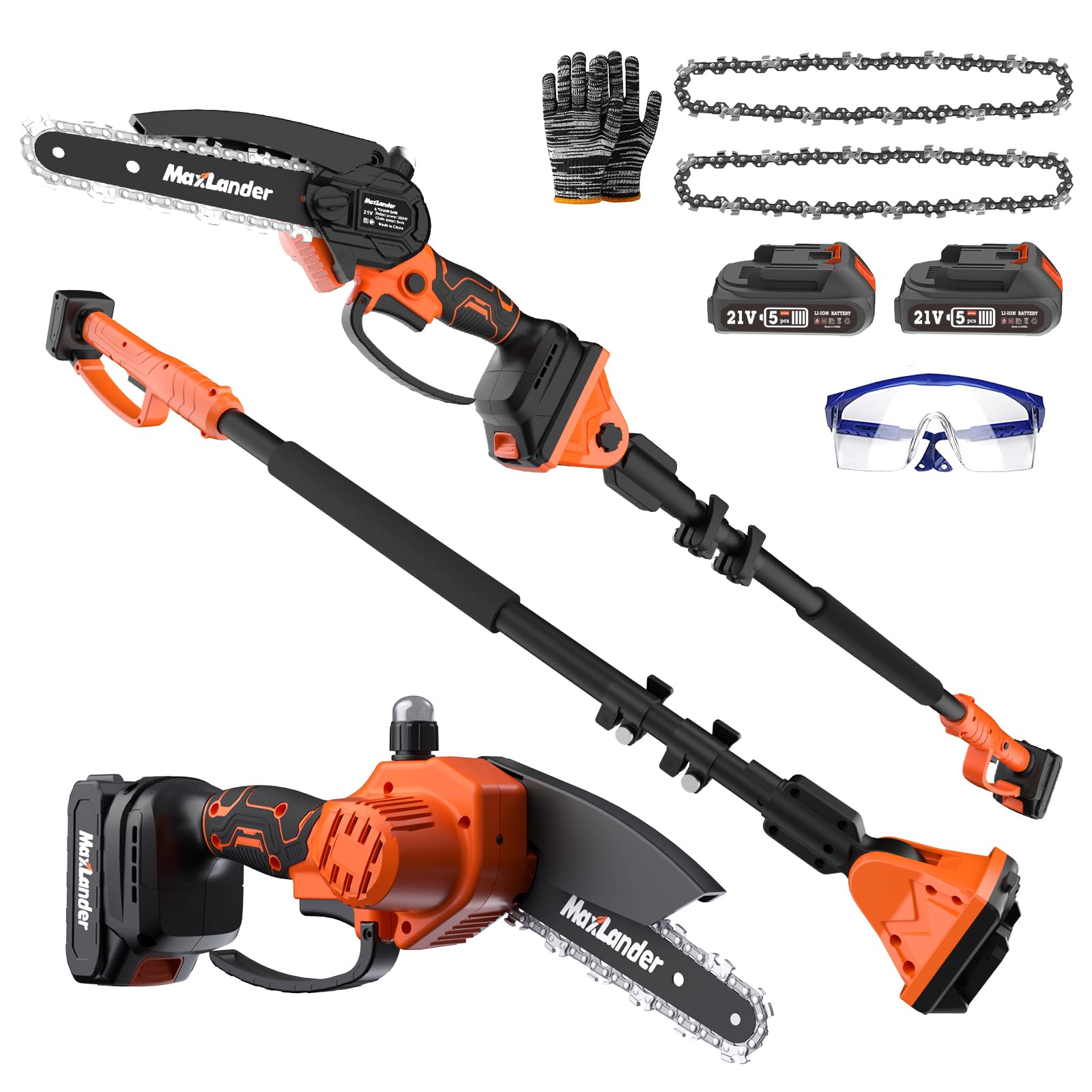 MAXLANDER 2-in-1 Cordless Pole Saw & Mini Chainsaw, 6'' Electric Pole Saws for Tree Trimming, 20V Battery Pole Saw with 2 Chains, 14ft Reach Pole Chainsaw(2PCS Battery and Charger Included)