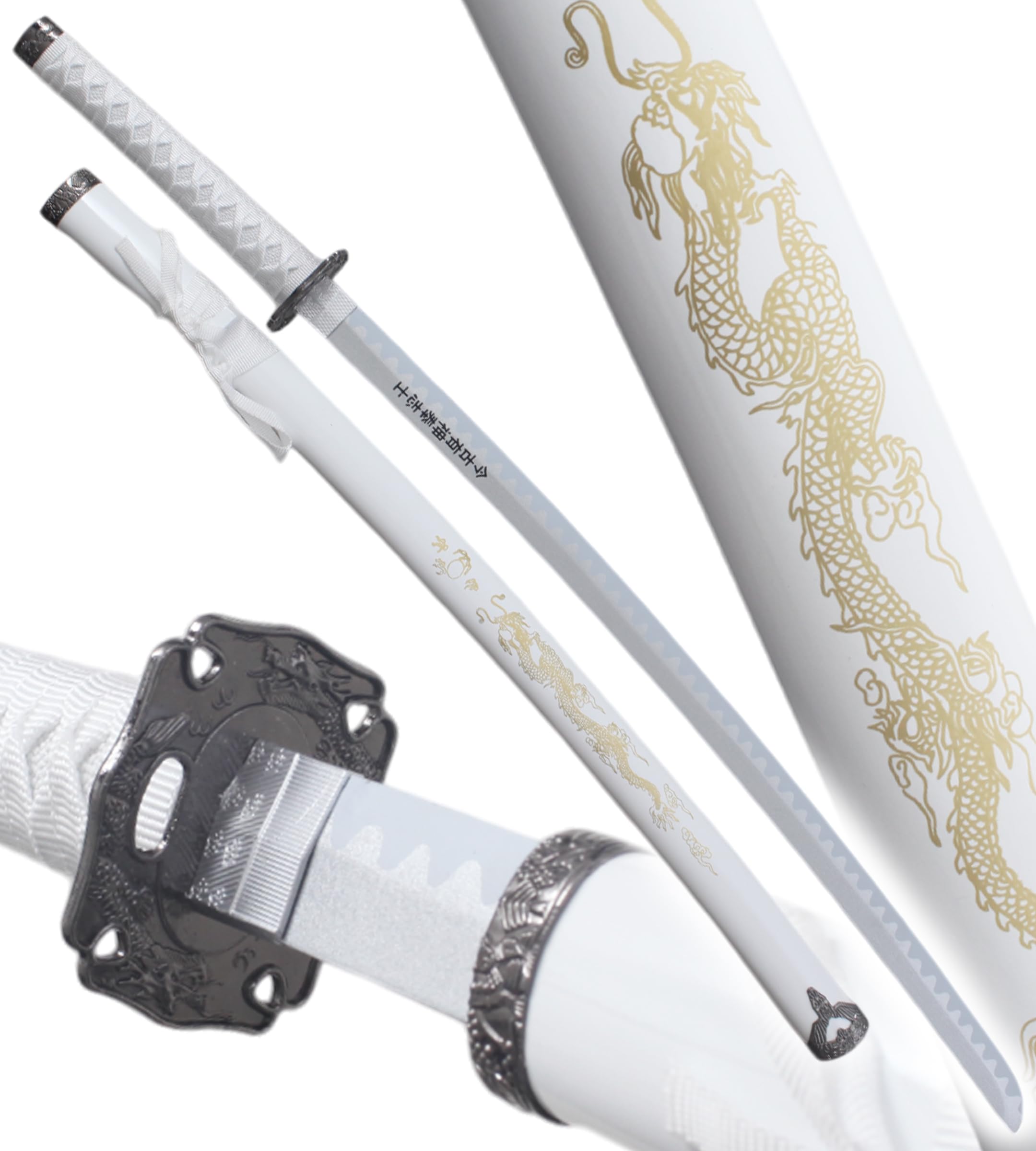 Set 3 Katanas en Bois Lame en Bois Katana Wakizashi Tanto Epee Sabre Katana Japonais Katana Dragon White Edition + Presentoir