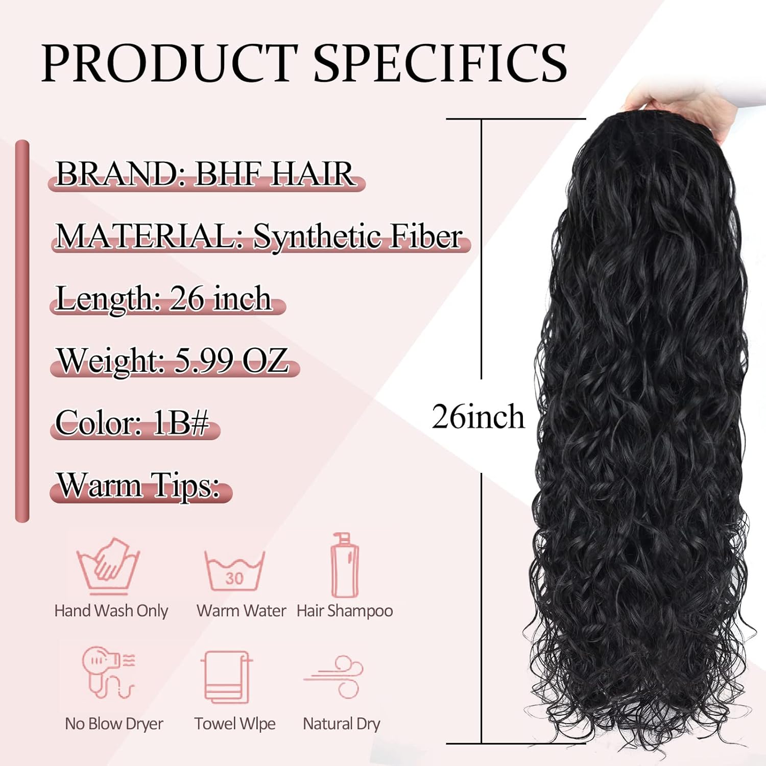 Long Ponytail Extension 26 Inch Curly Wavy ponytail clip in Hair Extensions Synthetic Long Drawstring Ponytail for Black Women(Off Black 6OZ)
