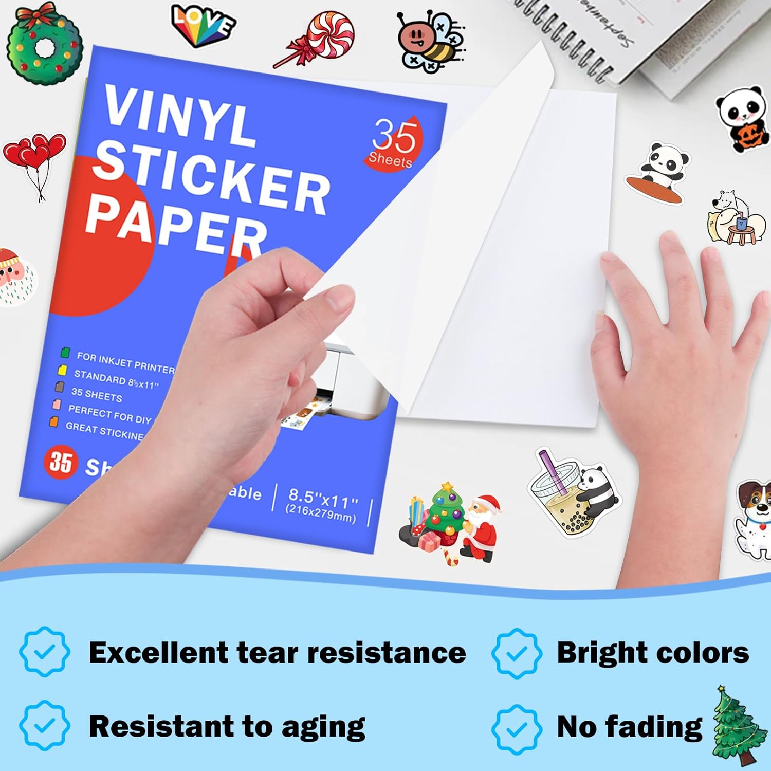 Aevdor 35 Sheets Premium Printable Vinyl Sticker Paper for Inkjet Printer, Matte White Adhesive Paper Waterproof, Durability Adhesive Paper 8.5x11, Fast Dry, Holds Ink Well, Great for Cutting Machines