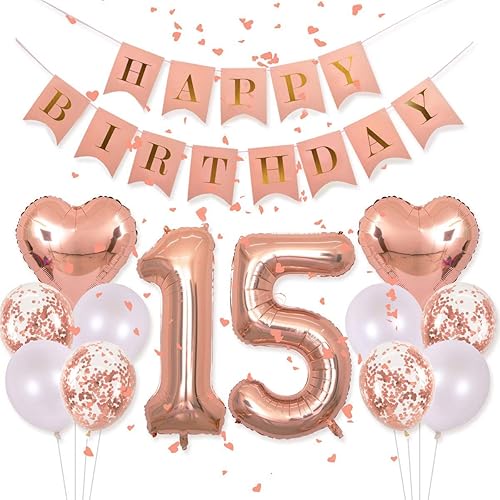 Globos de 40 pulgadas para decoración de cumpleaños de 15 años, decoraciones de cumpleaños para niñas con pancarta de oro rosa, globos de confeti de