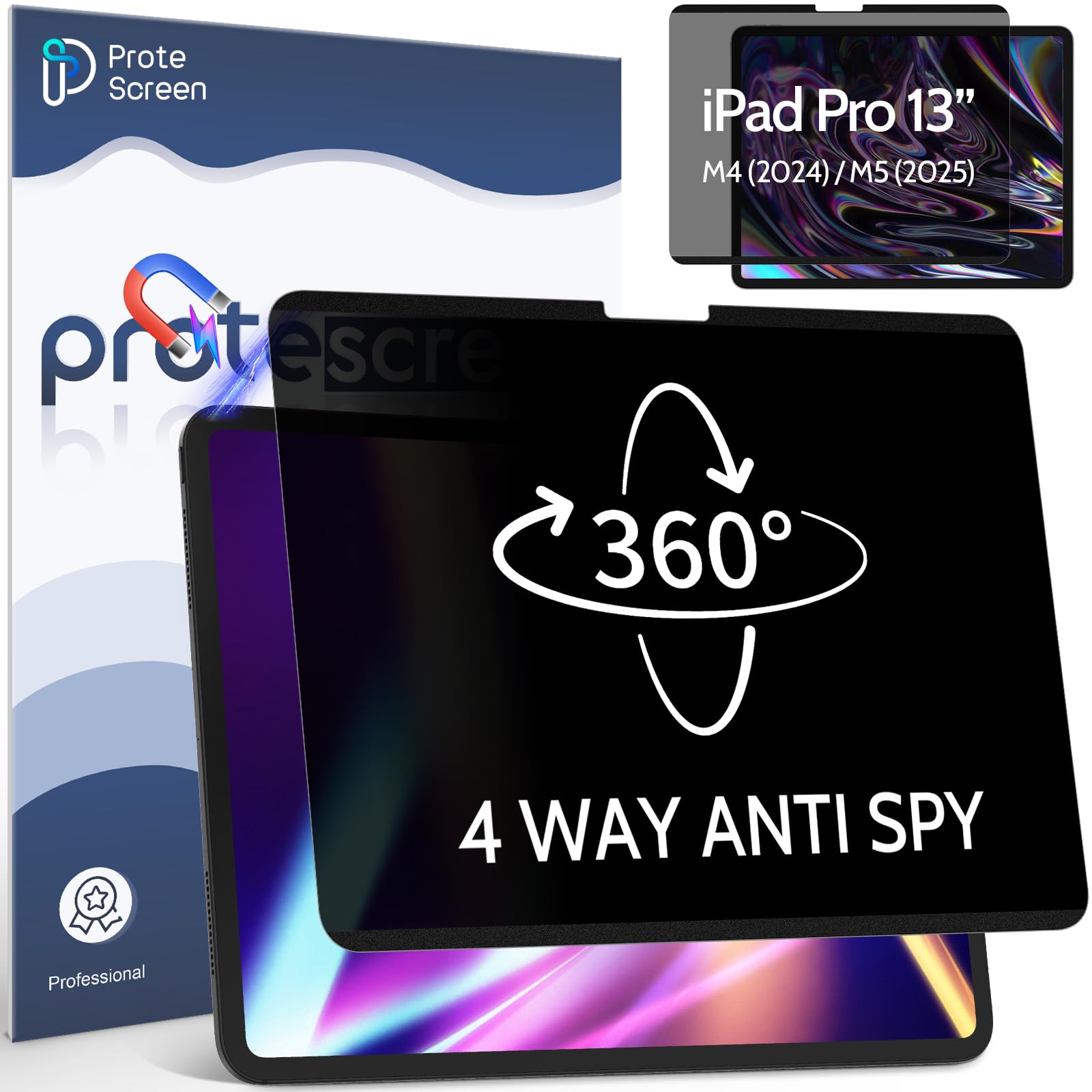 360° Magnetic Privacy Screen for iPad Pro 13 Inch M4/ M5 [2024/2025 7/8th Gen], 4 Way Privacy Removable Anti Glare Blue Light Filter Shield Film Anti Spy Protector