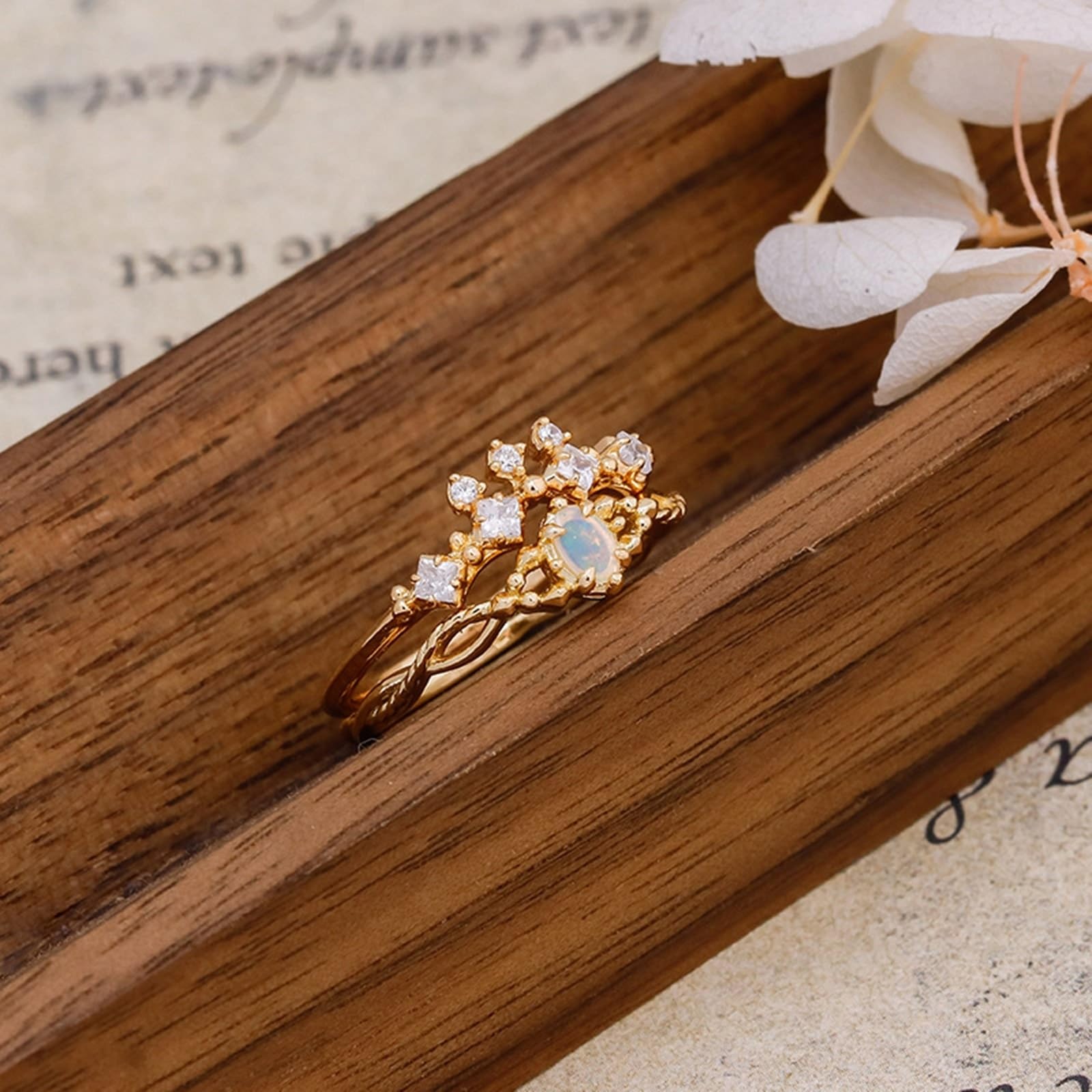 Alianzas de boda de oro auténtico, 9 K/14 K/18 K con ópalo ovalado, anillo de boda vintage delicado