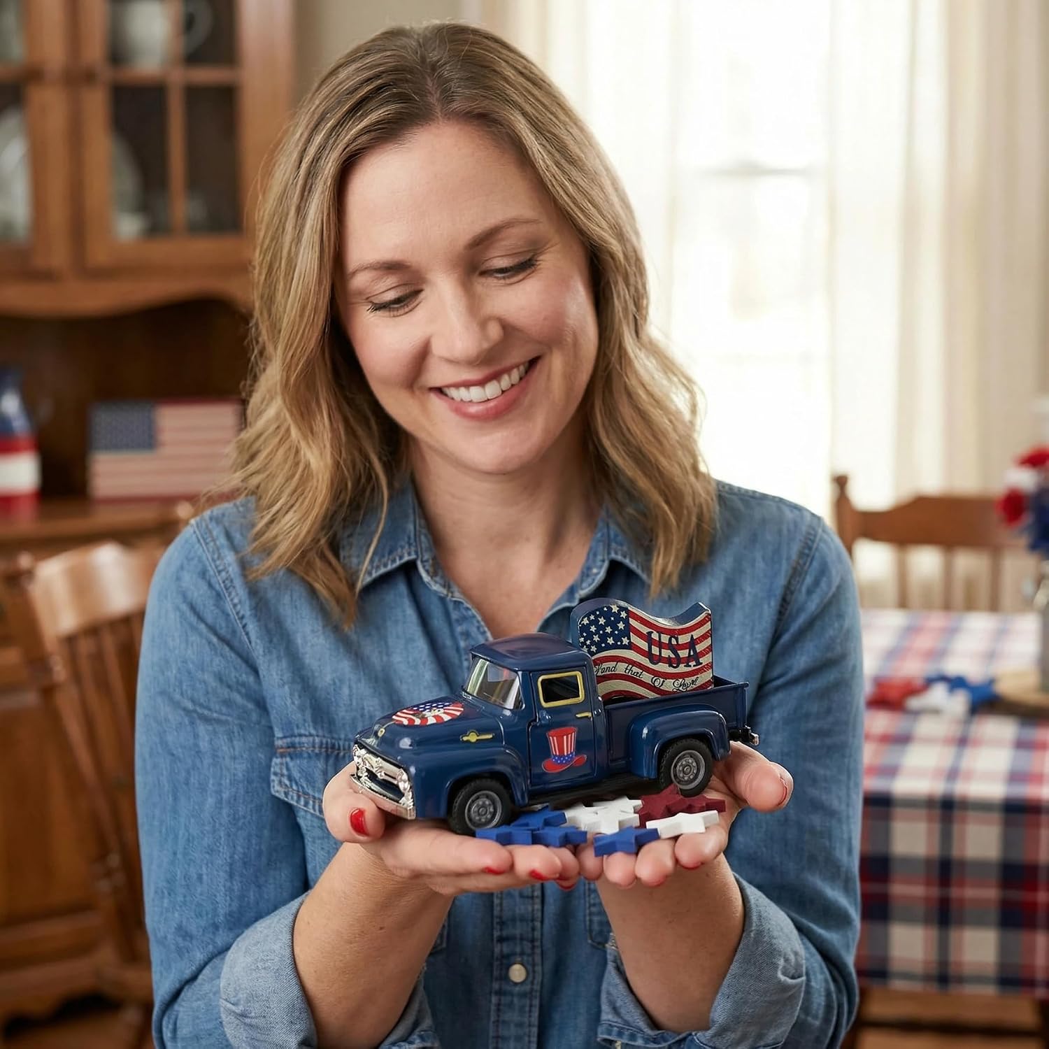4th of july Patriotic Truck Decorations -America 250th Anniversary Metal Truck with American Flag Red White Blue Stars, Independence Day Memorial Day Centerpiece for Tiered Tray Table or Home Decor