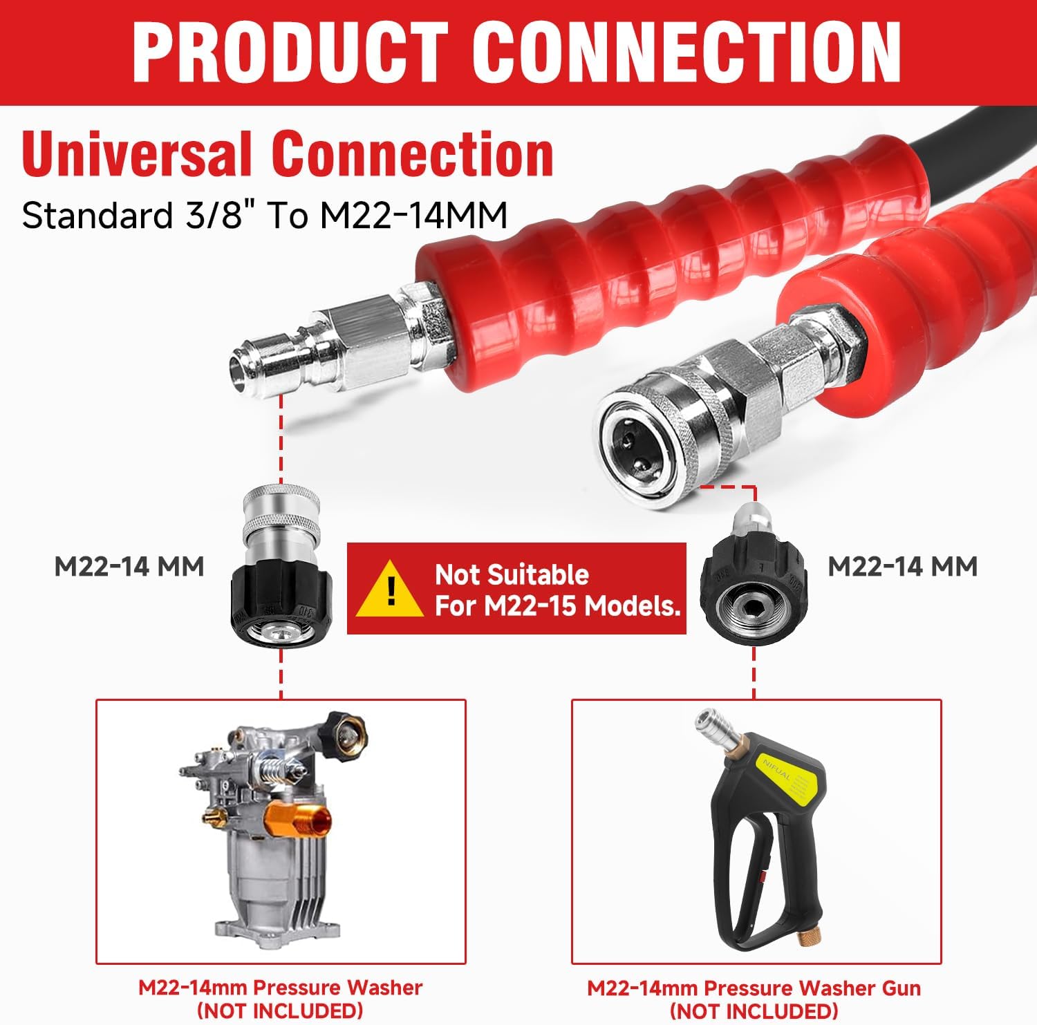 3/8" Non Marking Pressure Washer Hose 100 FT,Kink Resistant Power Washer Replacement Hose Steel Wire Braided for Hot and Cold Water, with M22 14mm to 3/8" Swivel Quick Connect, 5000 PSI (100FT)