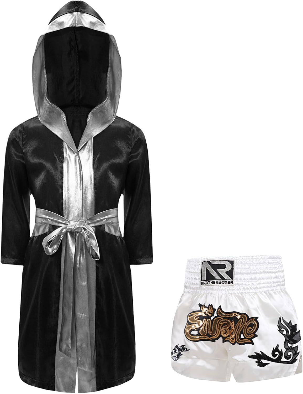 TiaoBug Child Boxing Costume Outfits Open Front Metallic Trim Satin Belted Robe Hooded Cloak with Shorts Set