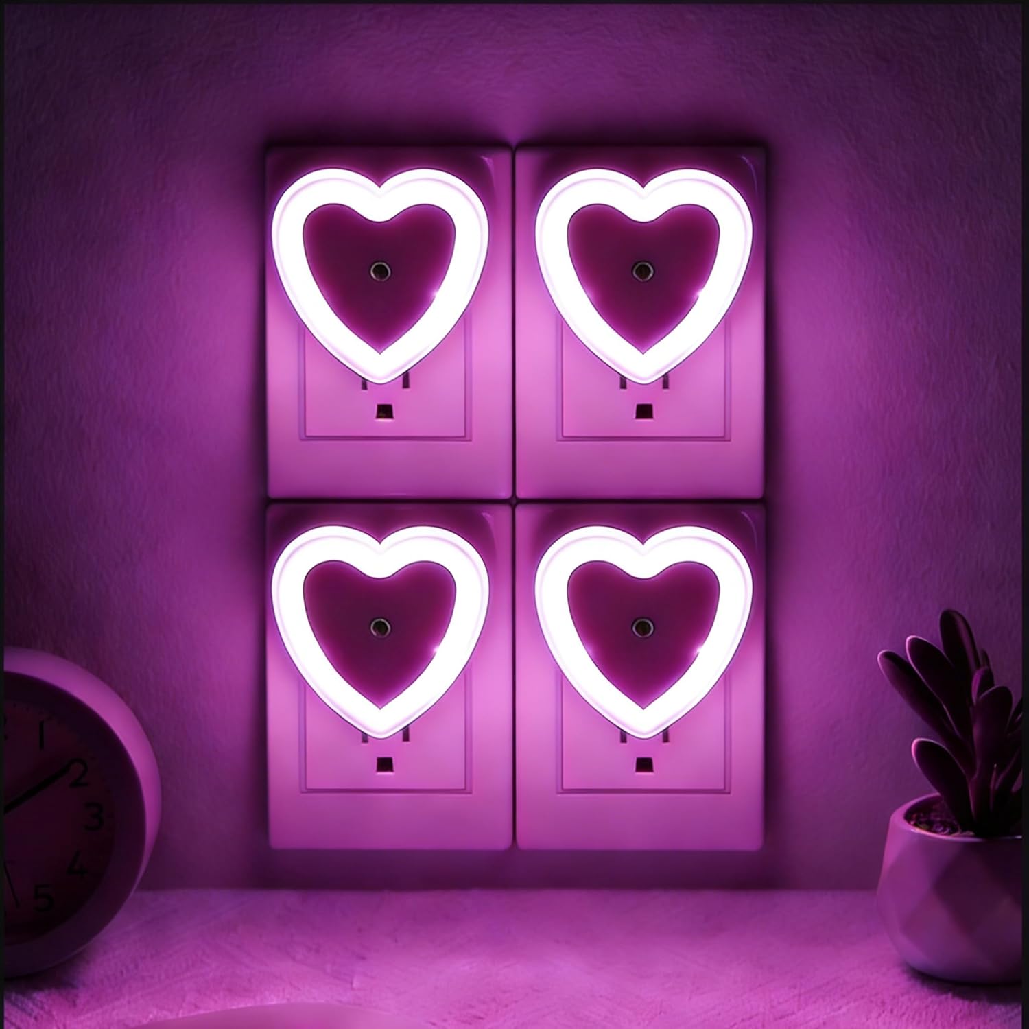 LED Night Lights Plug in(2-Pack), Dusk to Dawn Sensor Auto-On/Off, Cute Nightlight Heart Shaped 0.5W for Bedroom, Bathroom, Kids Room, Nursery, Hallway (Pink)