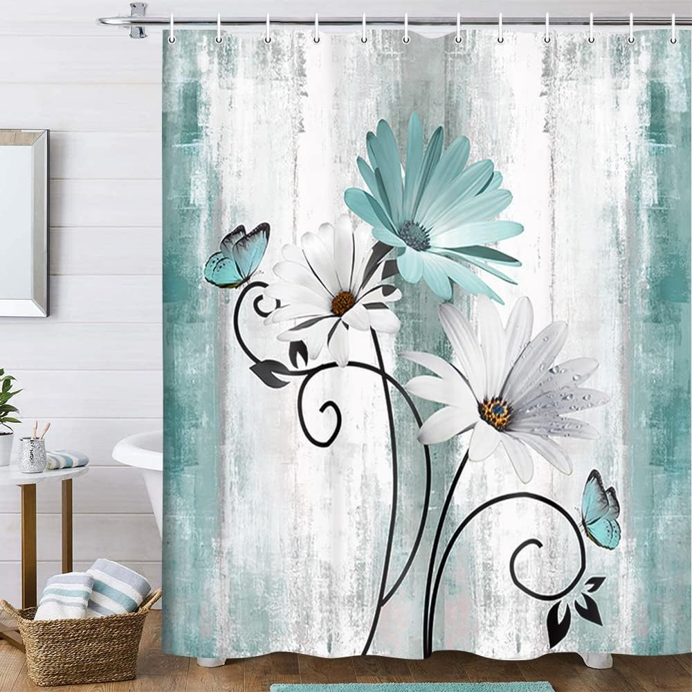 Rustic Farmhouse Shower Curtain, Farm Teal Daisy Floral Flowers and Butterfly on Country Wooden Shower Curtain for Bathroom, Turquoise Blue Bathroom Shower Curtains with 12PCS Hooks, 70X75IN