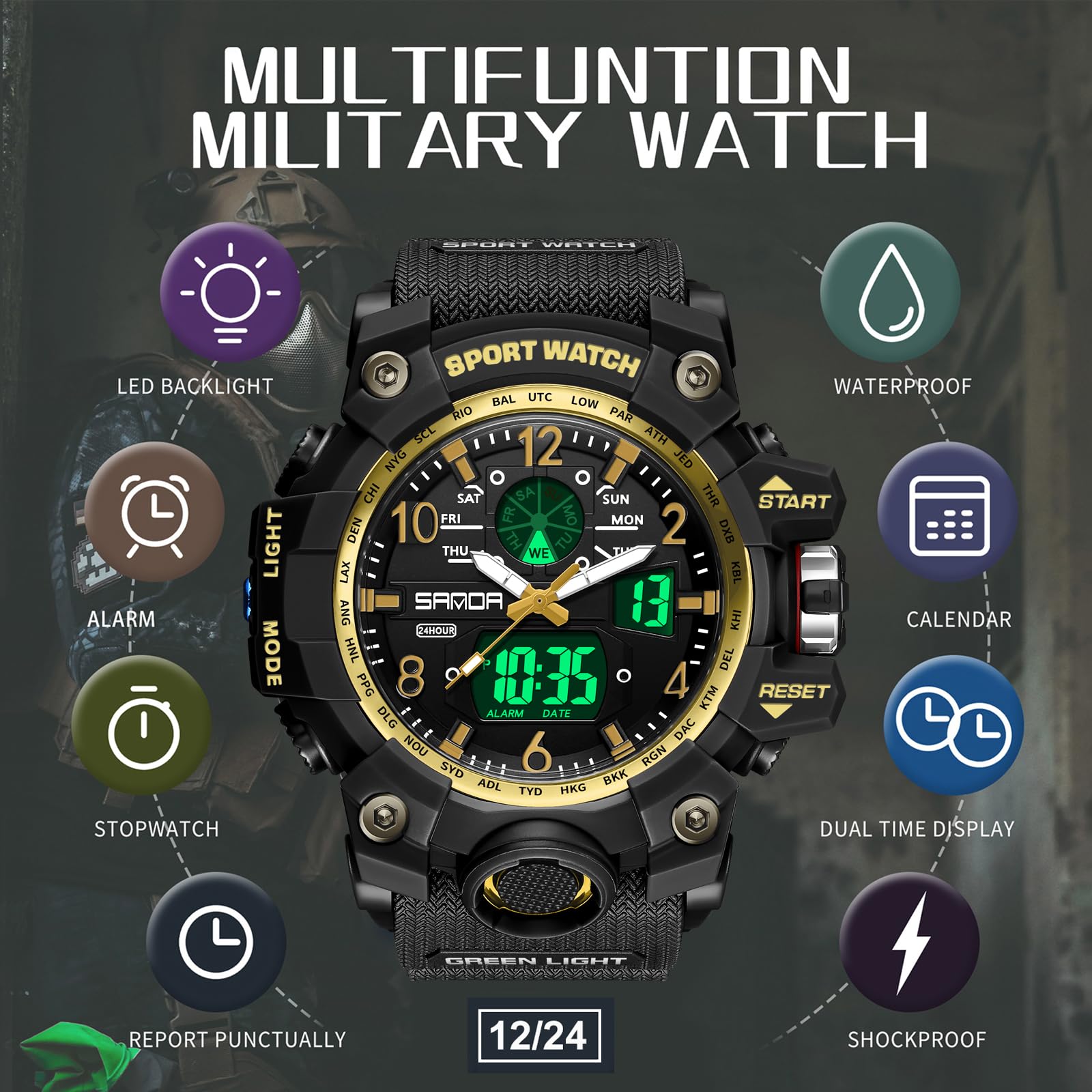 Orologio digitale da polso da uomo, sportivo, digitale, 5 ATM, impermeabile, militare, da uomo, con sveglia, data, cronometro per uomini, orologio tattico, cinturino in plastica