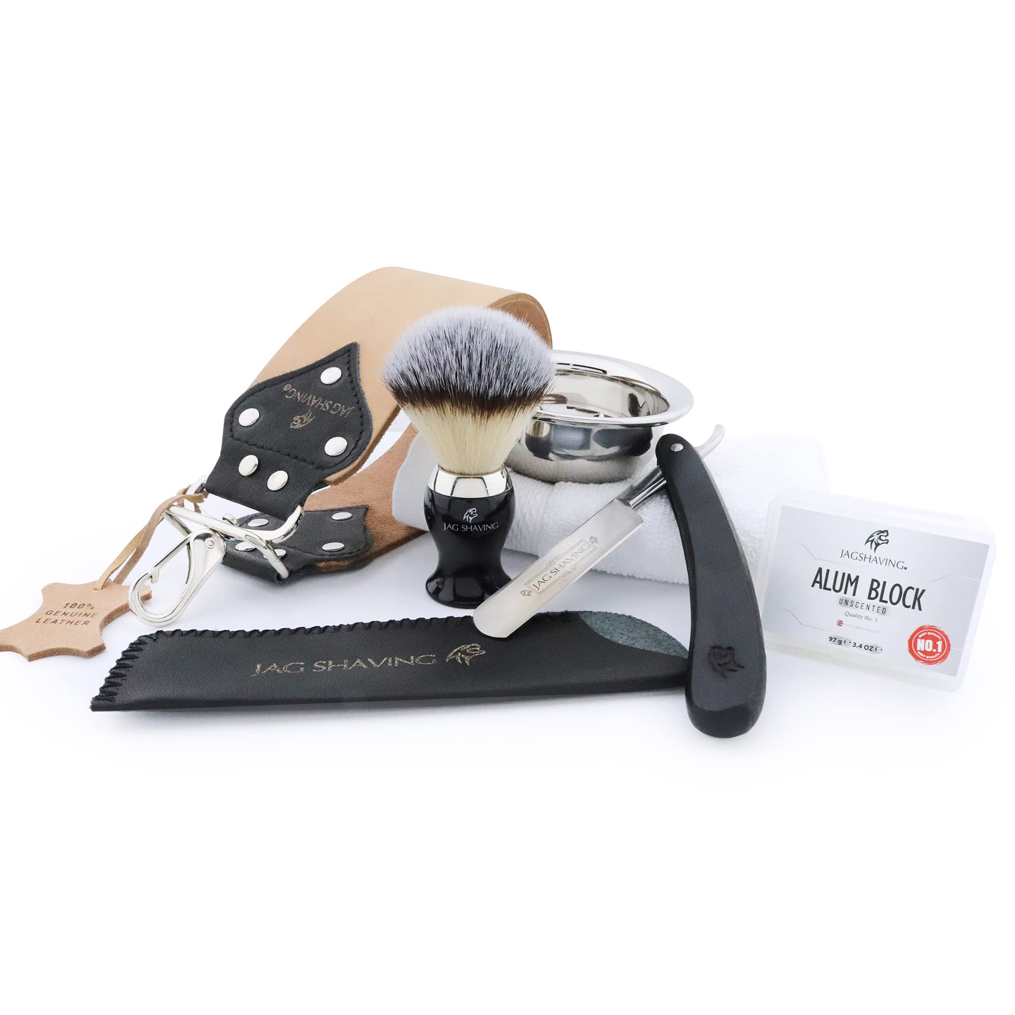 Jag Shaving Zestaw do golenia – 6-częściowy zestaw do golenia – brzytwa – pędzel do golenia z syntetycznych włosów – mydło do golenia – skórzane etui na maszynkę do golenia – blok ałunowy – skóra