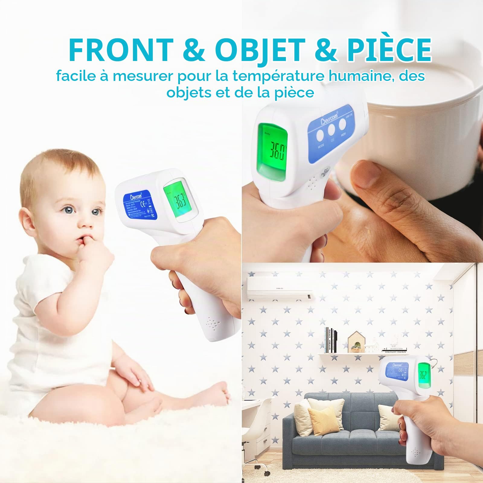 Berrcom Thermomètre Frontal Adulte et Bébé, Thermomètre Médical Infrarouge sans Contac avec Lecture Instantanée, Alarme de Fièvre