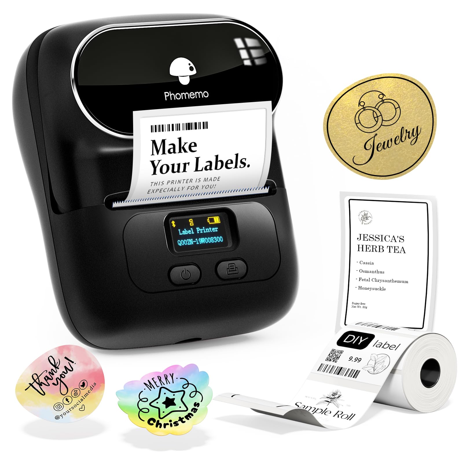 Phomemo M110 Label Maker, Upgraded Thermal Label Printer for Phone and Windows/Mac, 2 Inch Portable Label Maker Machine for Kitchen, Office, Retail, Address, Barcode, With 100 Labels