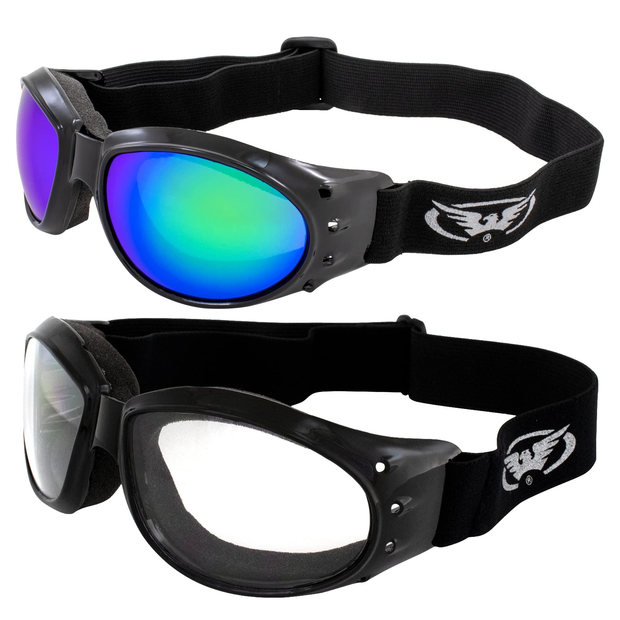 Global Vision Eliminator Padded Motorcycle Riding Goggles 2 Pair Black w/Clear & Green Mirror Lenses